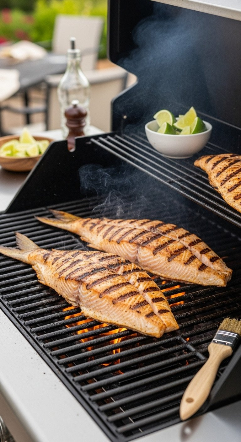 Two Thick Mahi Mahi Fillets On Hot Stainless Steel Grill Grates, Showcasing Dark Grill Marks With A Smoky Haze, Lime, And Basting Brush.