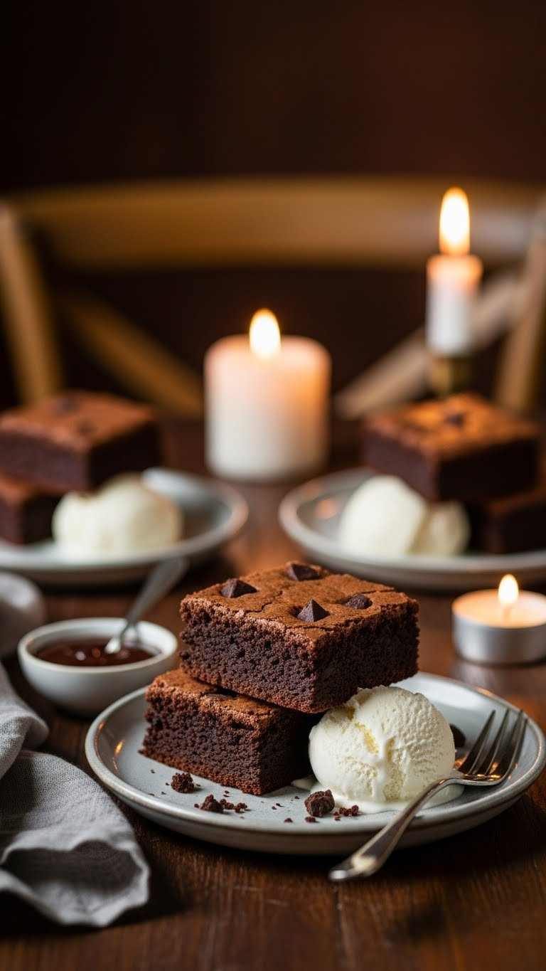 Two Thick-Cut Fudgy Brownies With Chocolate Chunks Served On Vanilla Ice Cream In Artisan Ceramic Plate