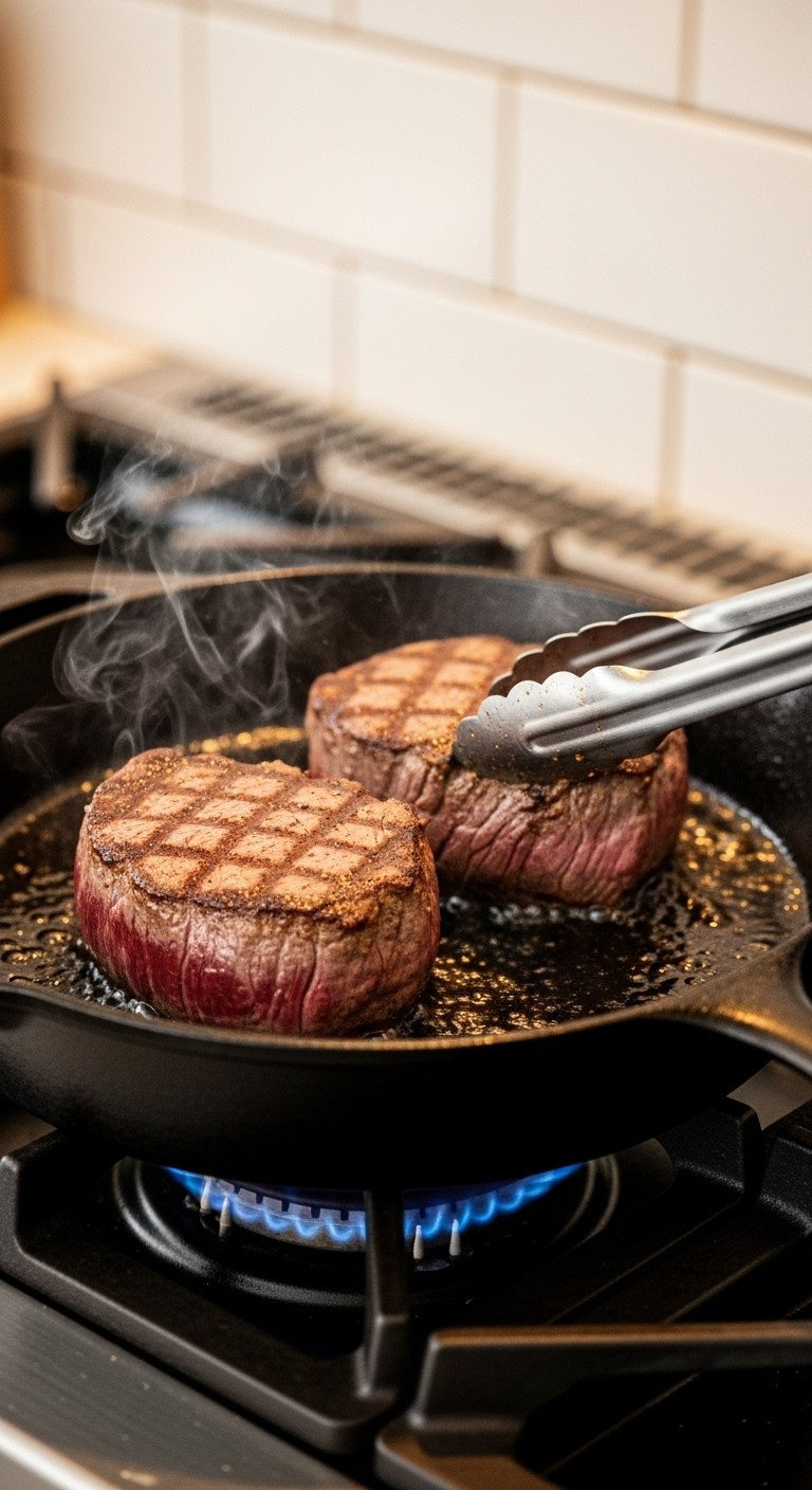 Two Thick Filet Mignon Steaks Searing In A Black Cast Iron Skillet, One Being Turned By Tongs To Show A Golden Crust.