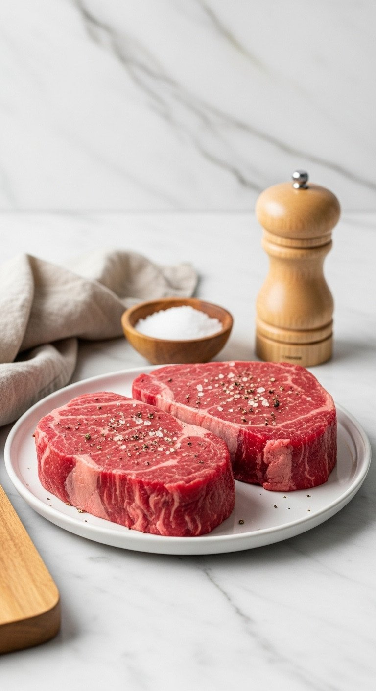 Two Thick, Raw Filet Mignon Steaks Seasoned With Salt And Pepper On A White Plate Next To A Salt Bowl And Pepper Mill.