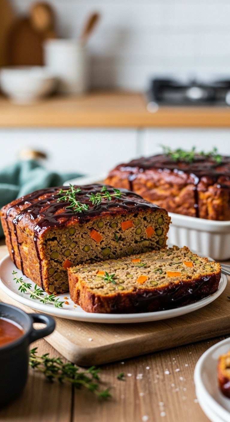 Two Thick Slices Of Hearty Lentil Vegetable Loaf With A Glossy Balsamic Glaze, Rich Texture, And Herbs On A Rustic Cutting Board.