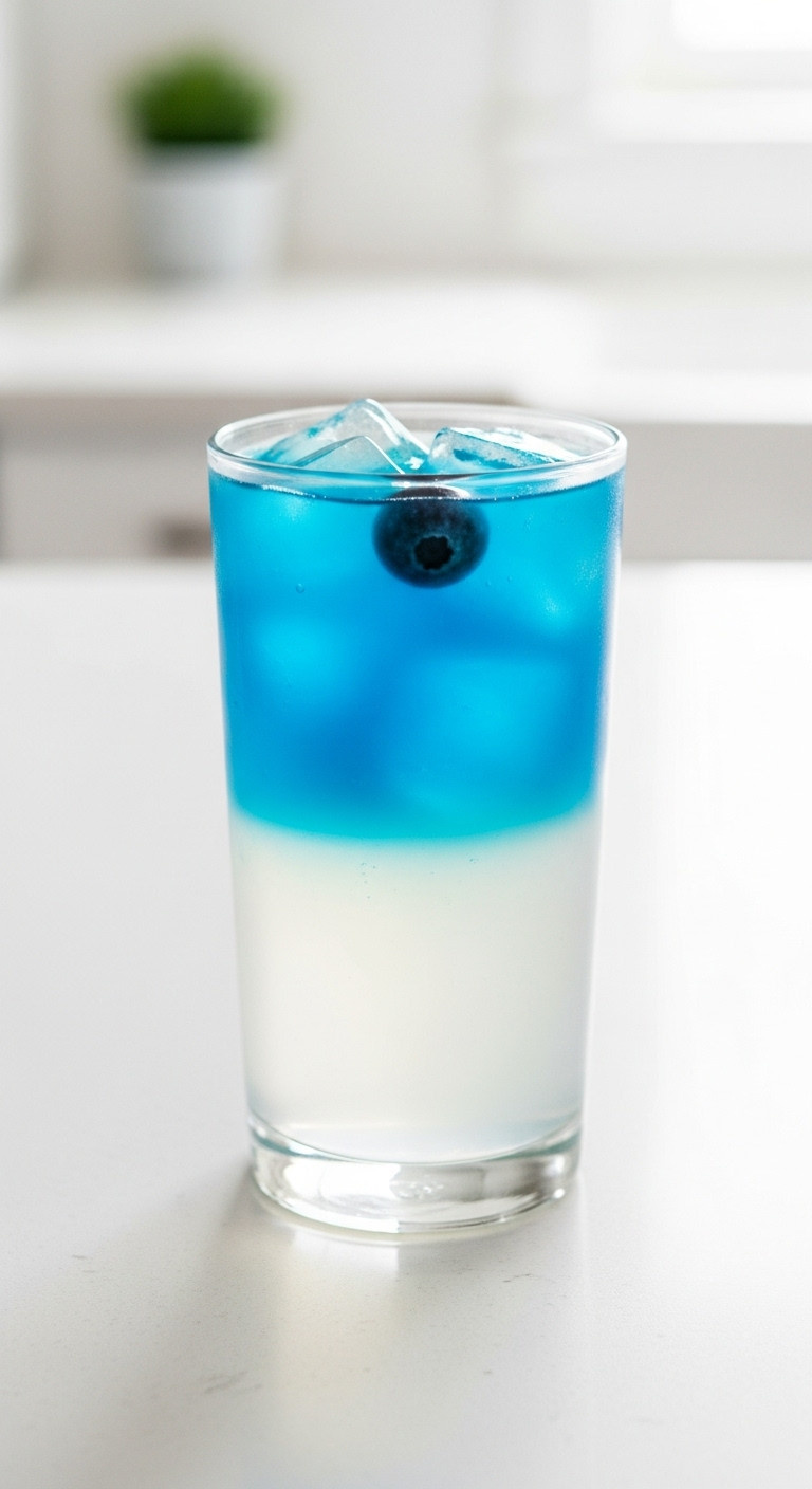Two Toned Michael Myers Menace Loaded Tea Clear White Bottom Vibrant Blue Top In A Tall Glass With A Blueberry