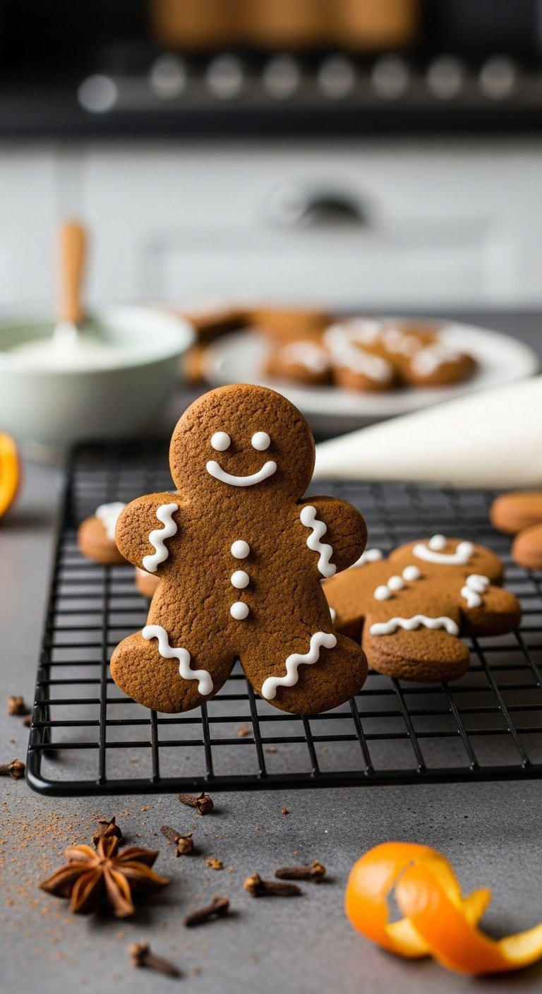 Two Vegan Gingerbread Men Cookies With White Icing Details On A Black Cooling Rack With Scattered Whole Cloves And Star Anise.