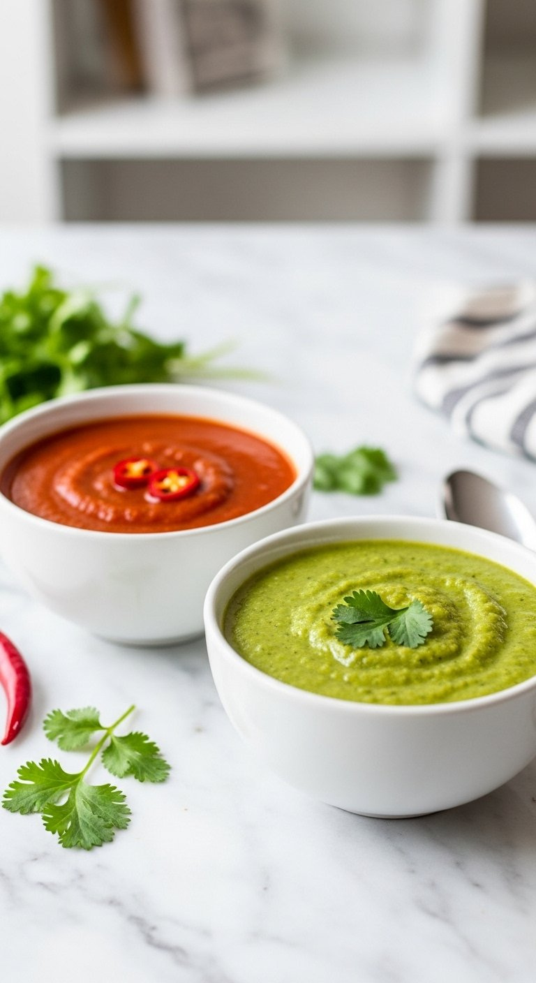 Two Vibrant Bowls Of Red And Green Enchilada Sauce On A Marble Countertop In Bright Daylight.