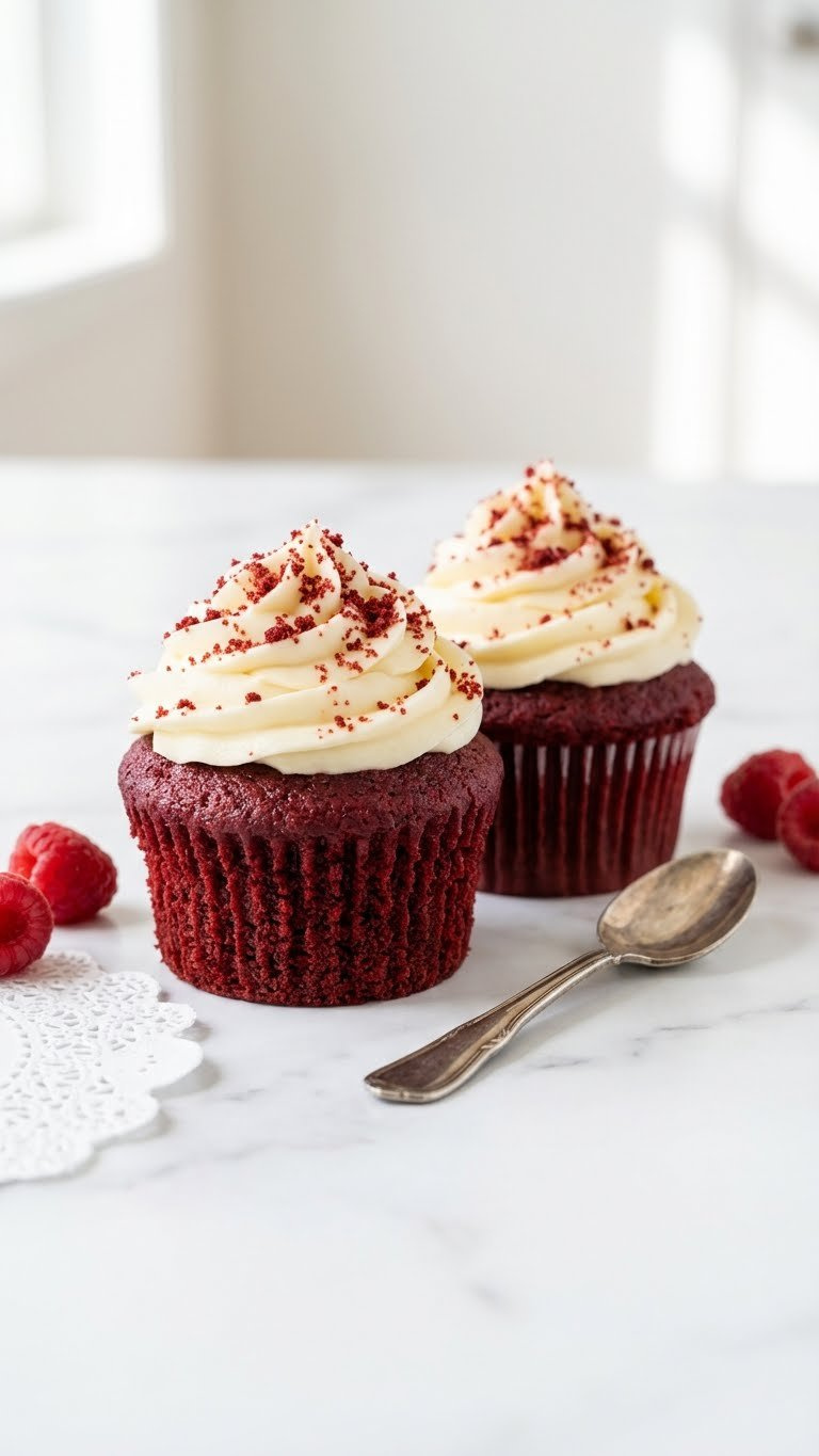 Two Vibrant Red Velvet Cupcakes With Tangy Cream Cheese Frosting And Crumbs Sit On A White Marble Counter With Raspberries.