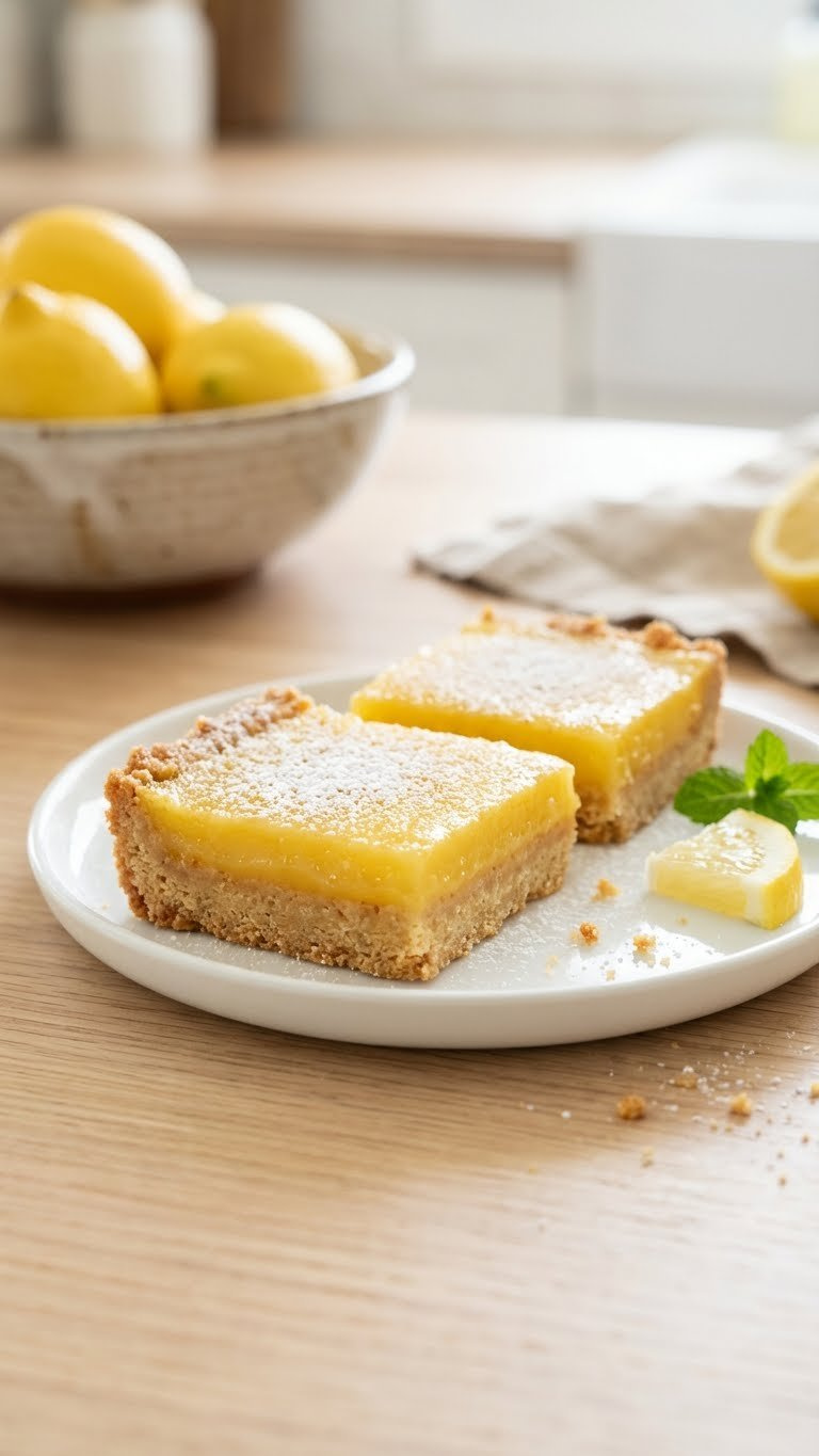 Two Vibrant Simple Gluten-Free Lemon Bars With A Glossy Curd Filling And Powdered Sugar On A White Ceramic Plate.