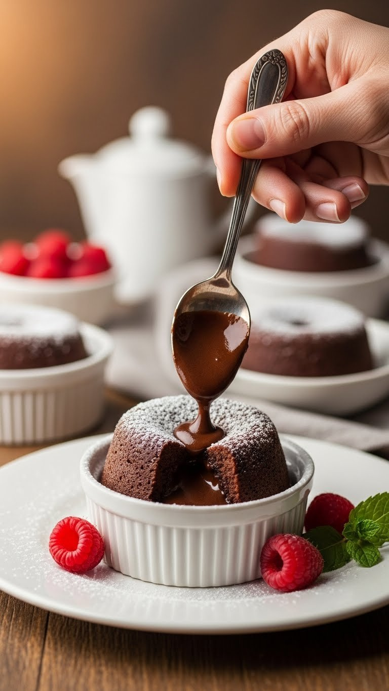 Two Warm Mini Chocolate Lava Cakes With Molten Centers Oozing Chocolate, Served In Ceramic Ramekins On Rustic Wooden Table