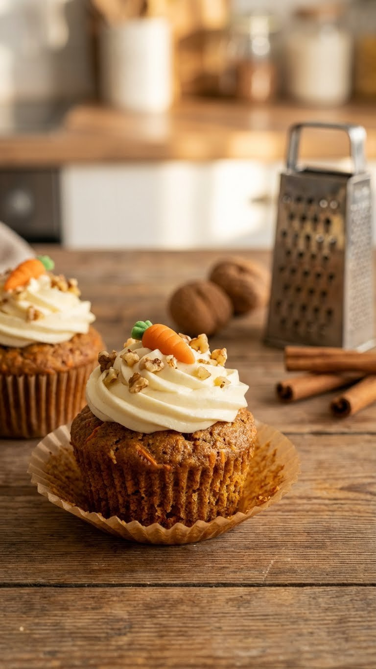 Two Warm Spiced Carrot Cupcakes With Luscious Cream Cheese Frosting And Walnuts Sit On A Rustic Wooden Table.