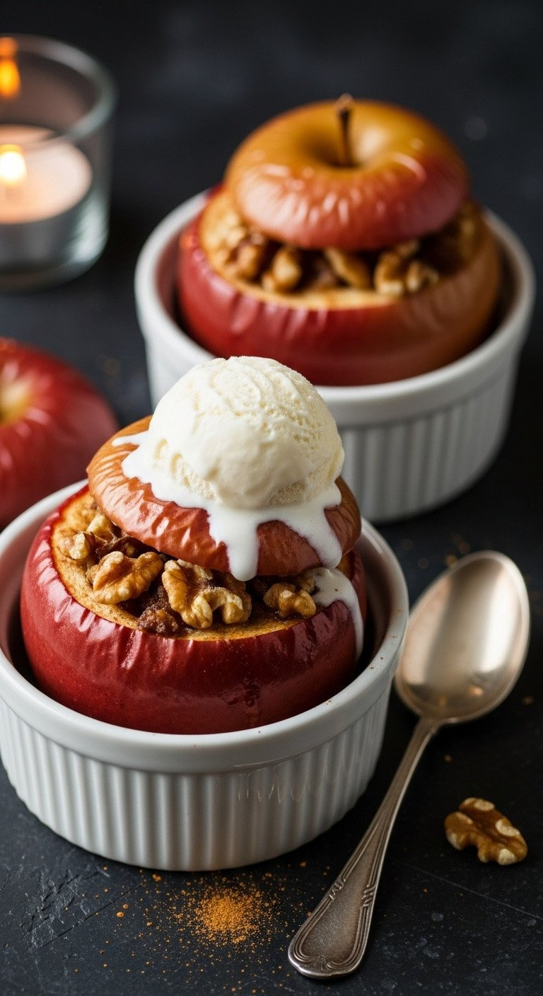 Two Whole Baked Apples With Walnuts, Cinnamon, Maple Syrup In Ramekins, Melting Vanilla Ice Cream, Cozy Light.