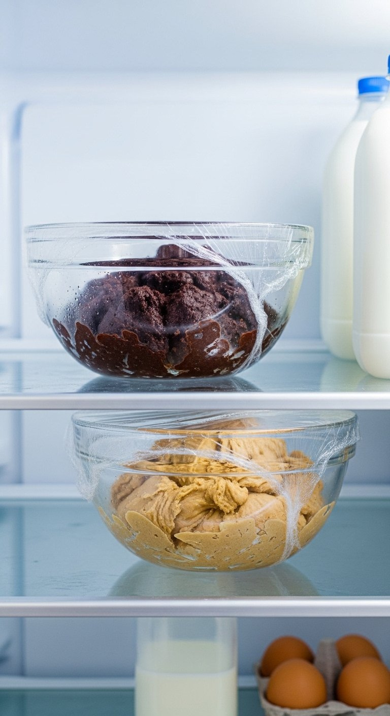 Two Wrapped Glass Bowls Containing Dark Chocolate Brownie And Peanut Butter Dough Chilling On A Refrigerator Shelf.