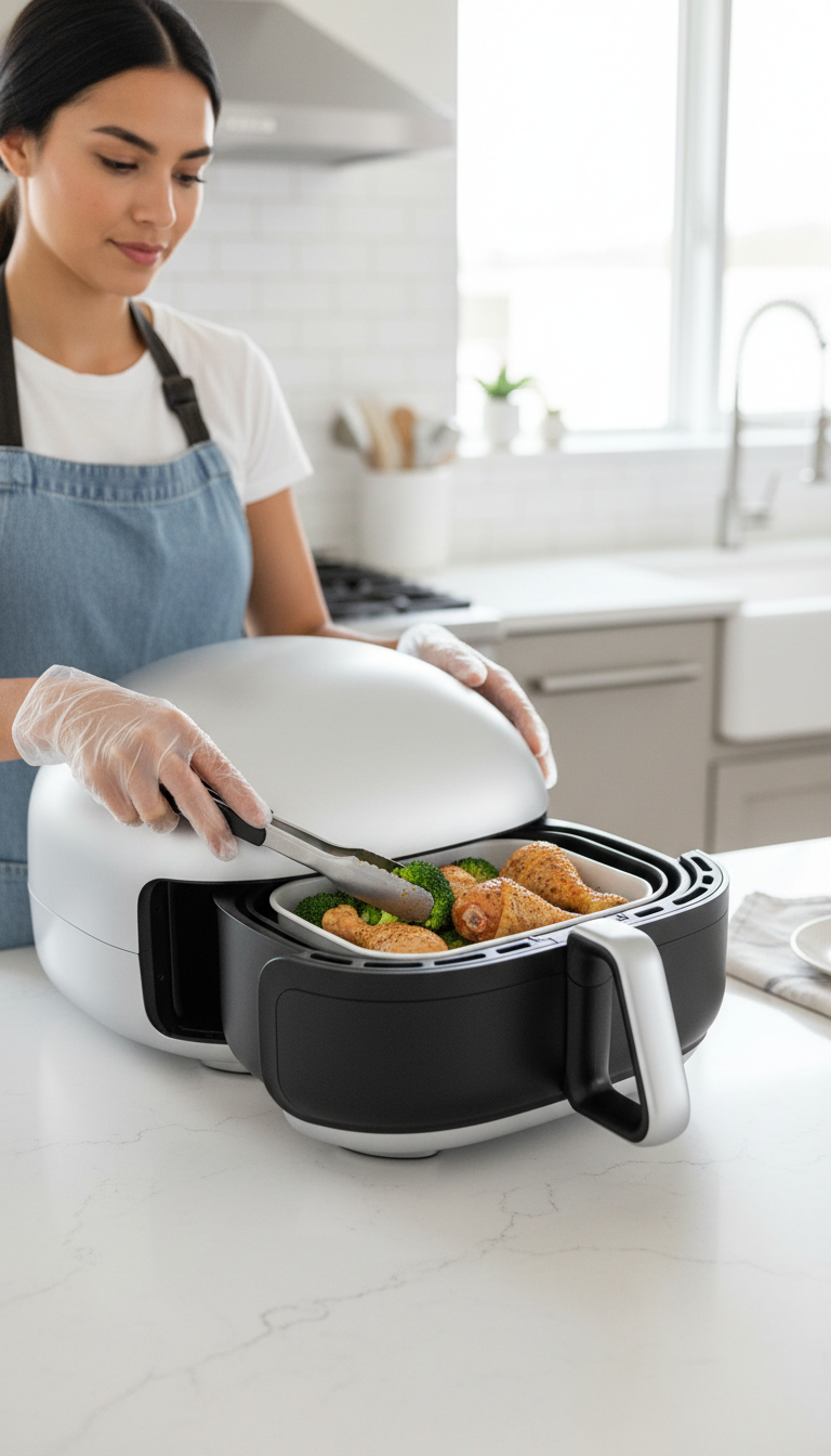 A Photo Showing The Typhur Dome 2 Air Fryer On A Kitchen Counter, With Food Items Like Fries And Salmon Nearby, And A Phone With A Decibel Meter App In The Foreground.
