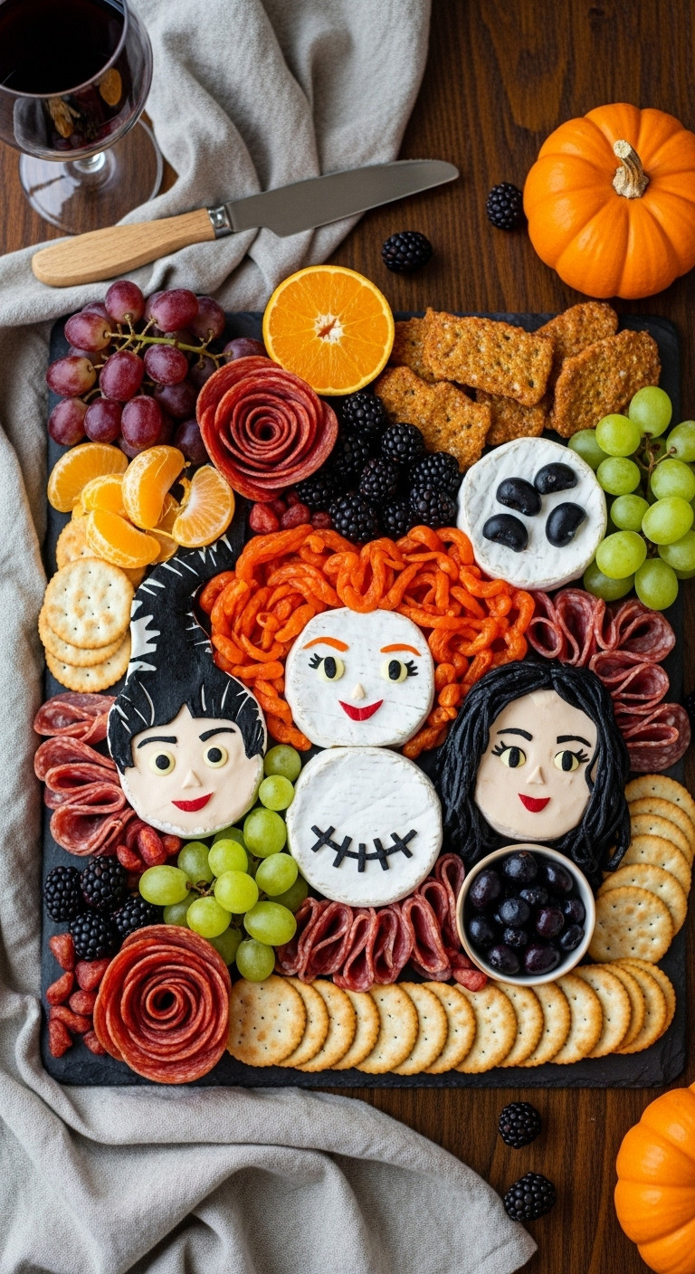 Ultimate Hocus Pocus Charcuterie Board With Brie Sanderson Sisters Faces Meats Fruits And Crackers On Black Slate