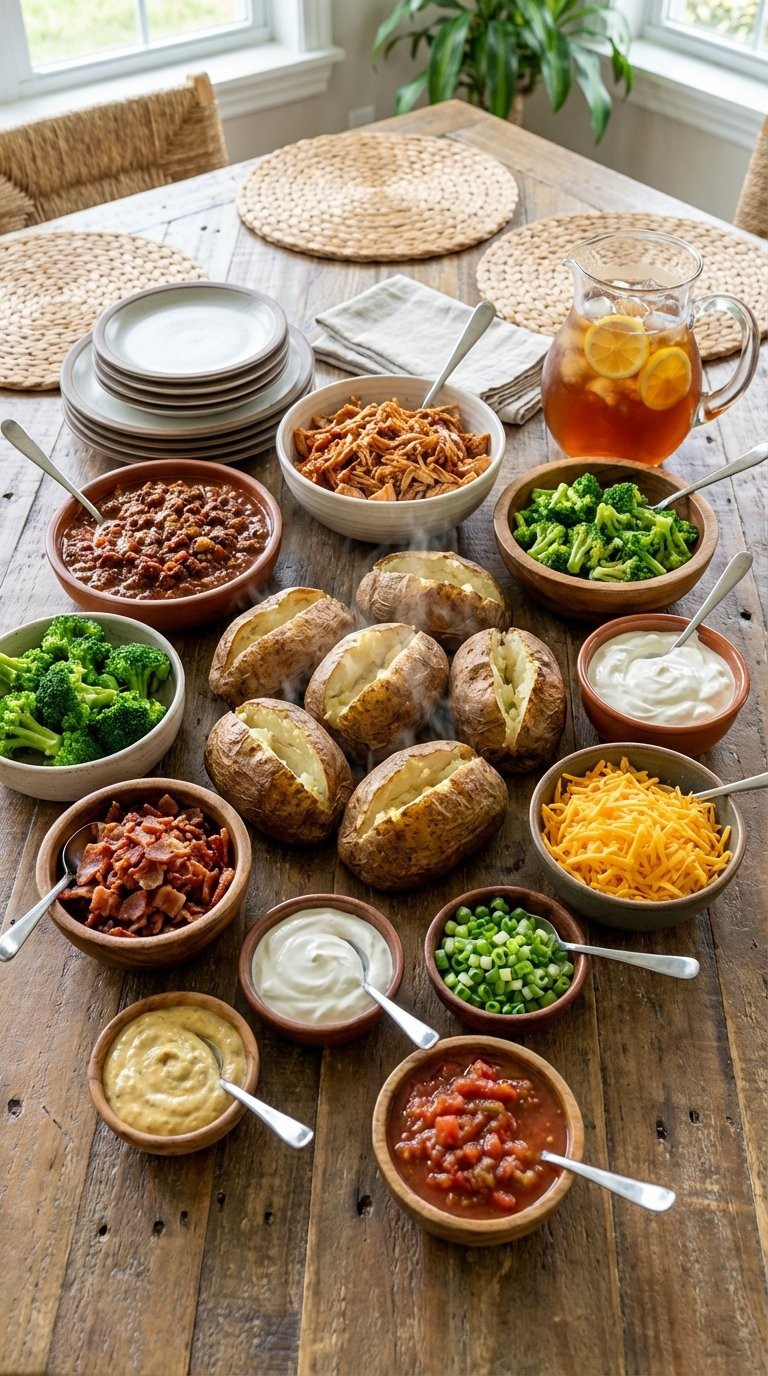 Ultimate Baked Potato Bar Spread With Chili, Bbq Chicken, Broccoli, Bacon, Cheese, And Various Toppings On Rustic Table