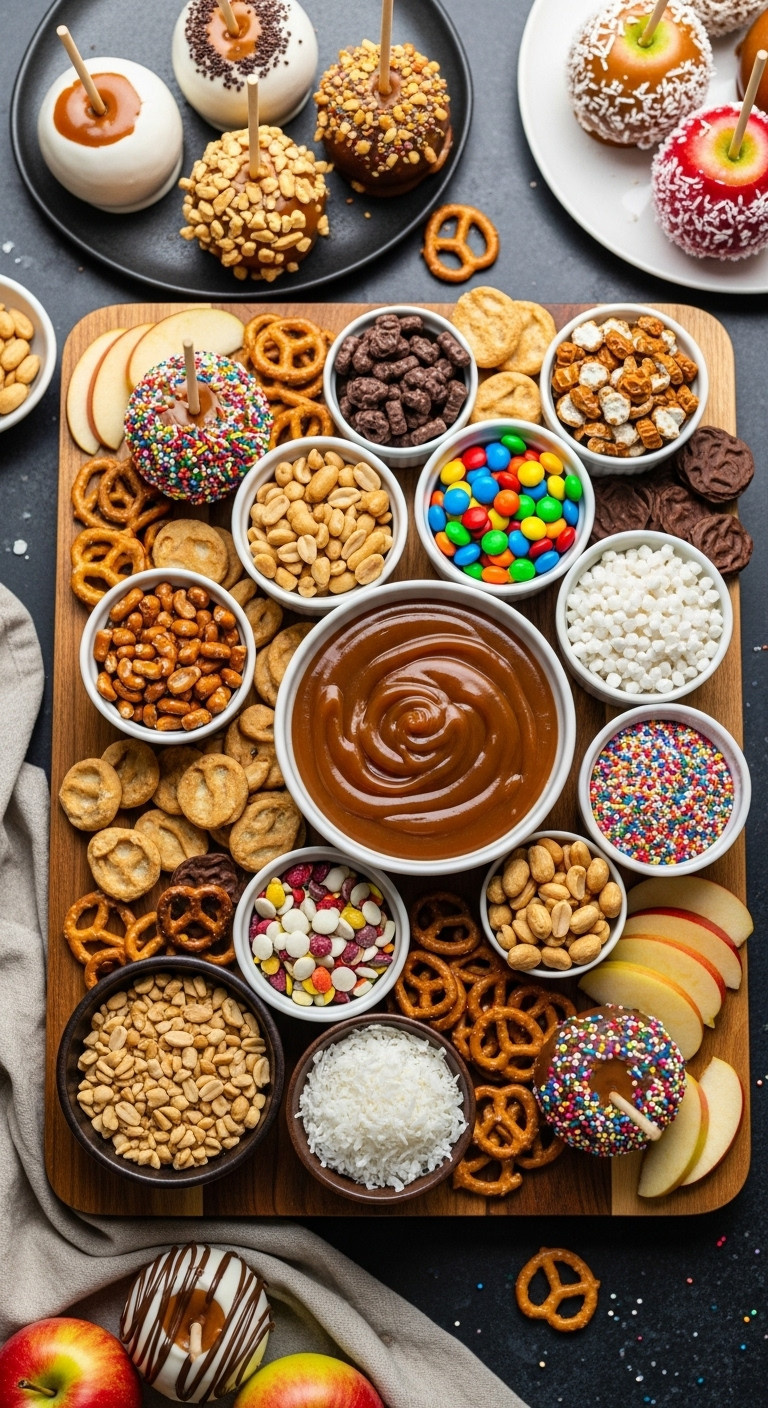 Ultimate Caramel Apple Topping Board With Warm Caramel Sauce Peanuts Pretzels And Various Colorful Candies
