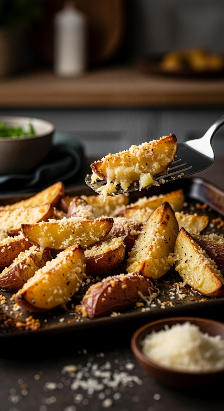 Ultimate Crispy Parmesan Red Potatoes With A Bubbly Cheese Crust On A Dark Metal Baking Sheet