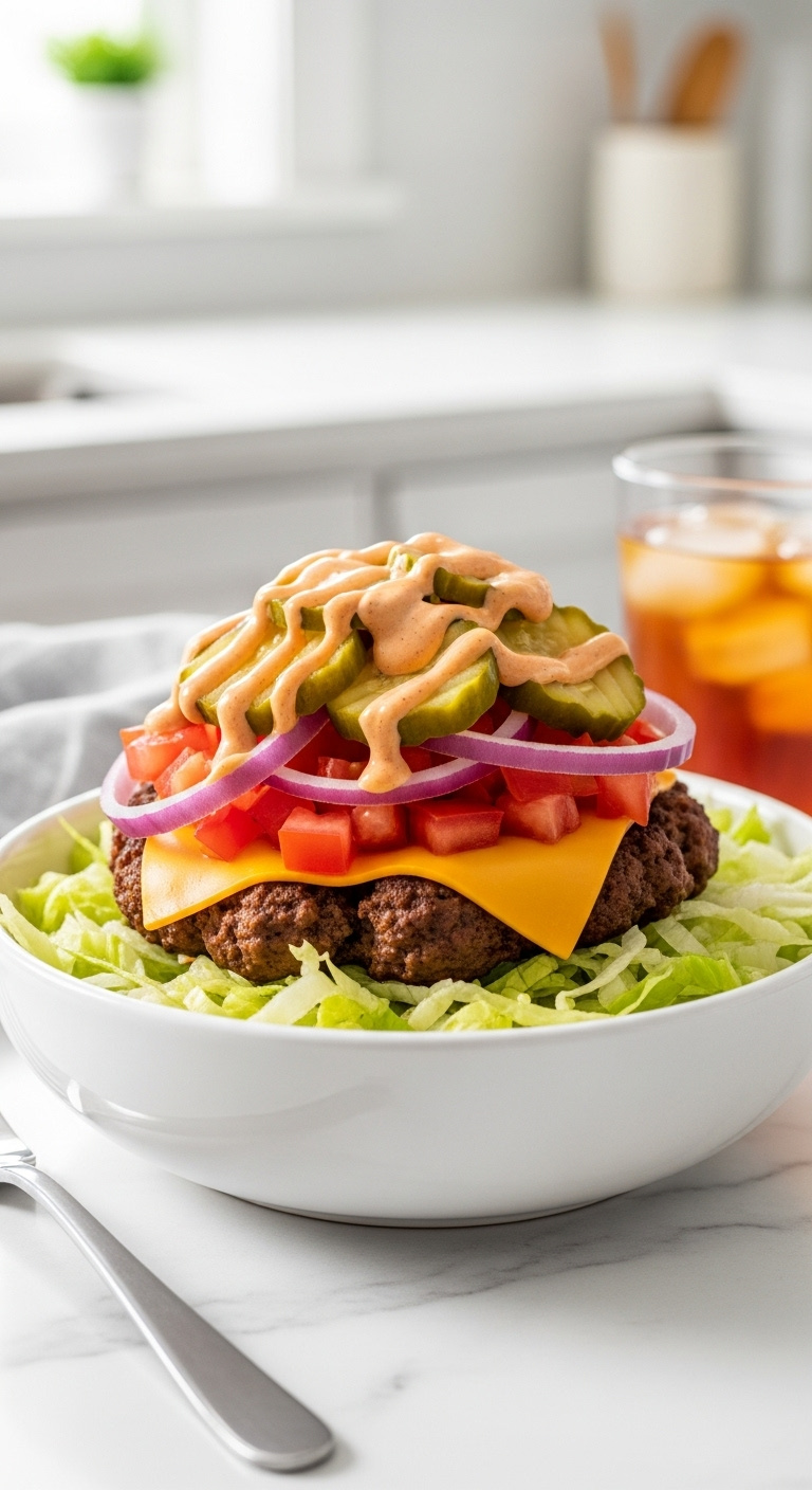 Ultimate Keto Burger Bowl With Lettuce Ground Beef Cheddar Tomatoes Red Onion Pickle Slices And Burger Sauce On White Marble Countertop High-End Magazine Cover Style