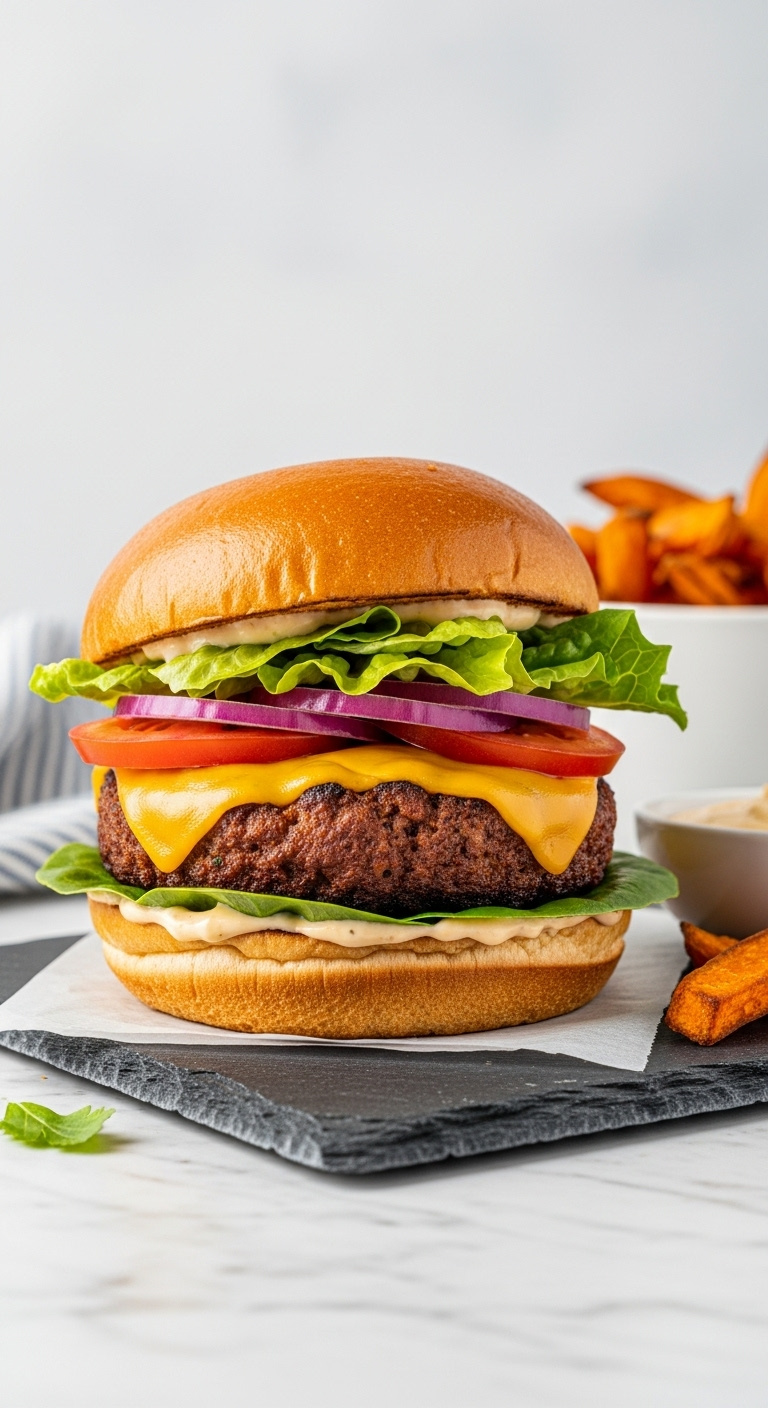 Ultimate Savory Veggie Burger On Brioche Bun With Cheddar Lettuce Tomato Onion Sweet Potato Fries And Aioli On Marble