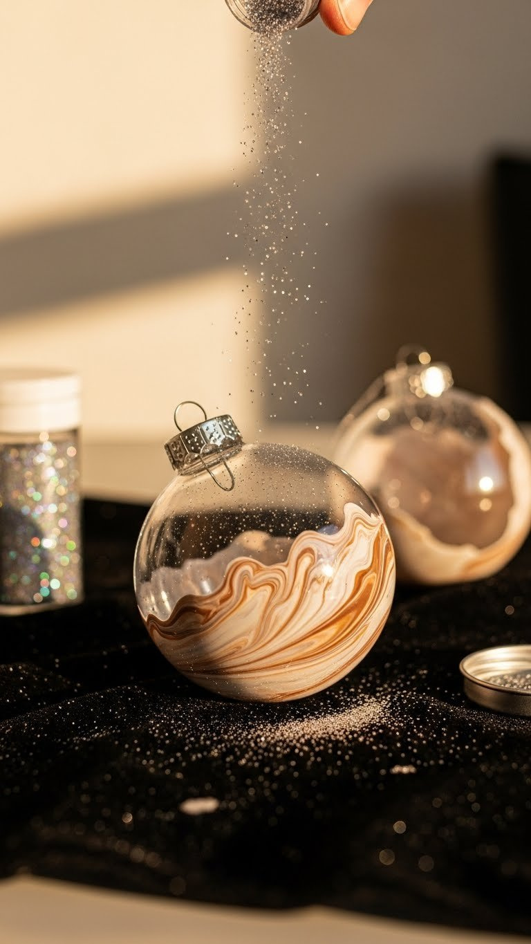 Ultra Fine Glitter Being Sprinkled Into Ornament Opening With Marbled Baking Soda Paint On Black Velvet Cloth