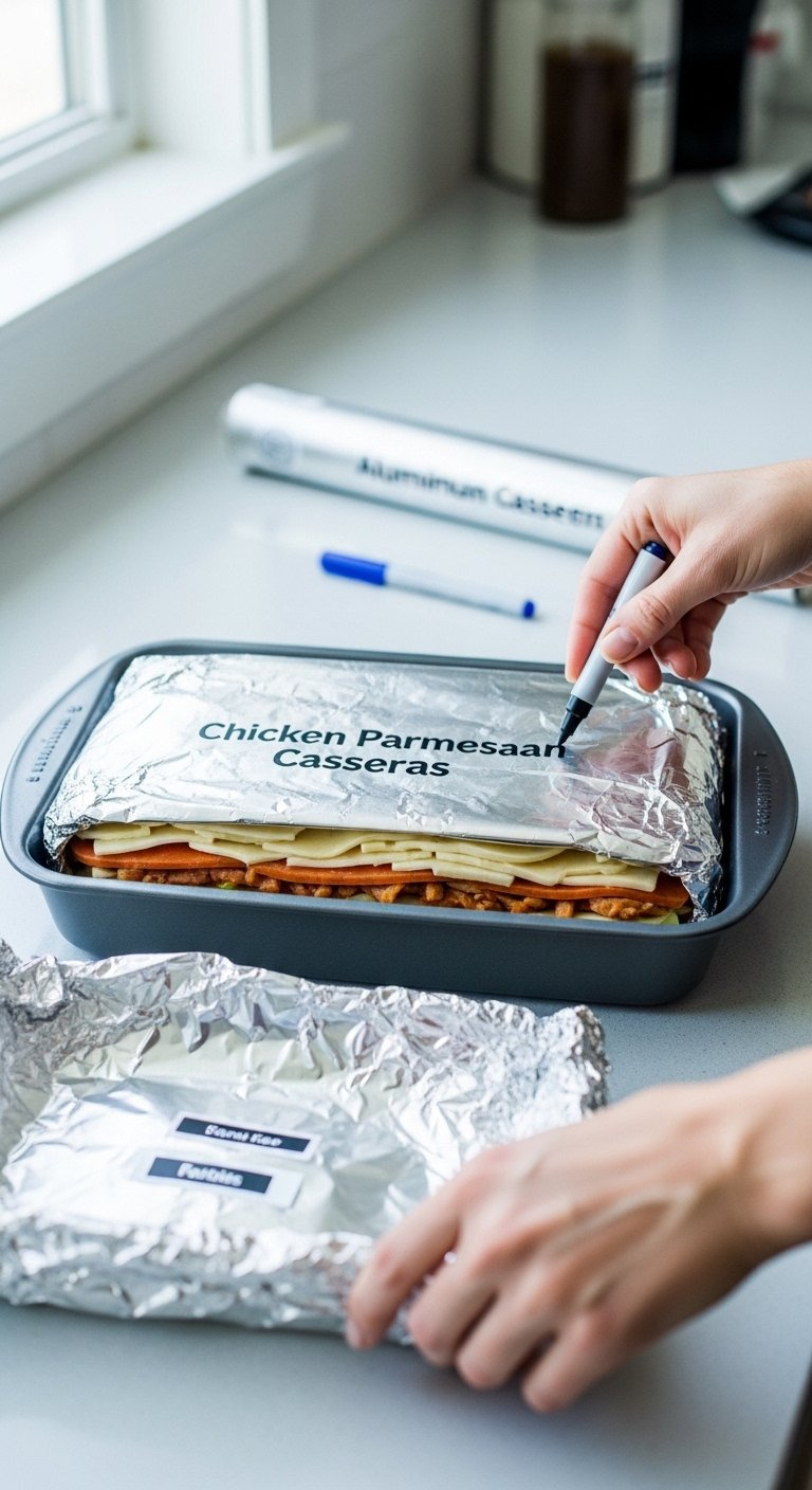 Unbaked Chicken Parmesan Casserole In A Dish Wrapped Tightly In Aluminum Foil For Meal Prep.