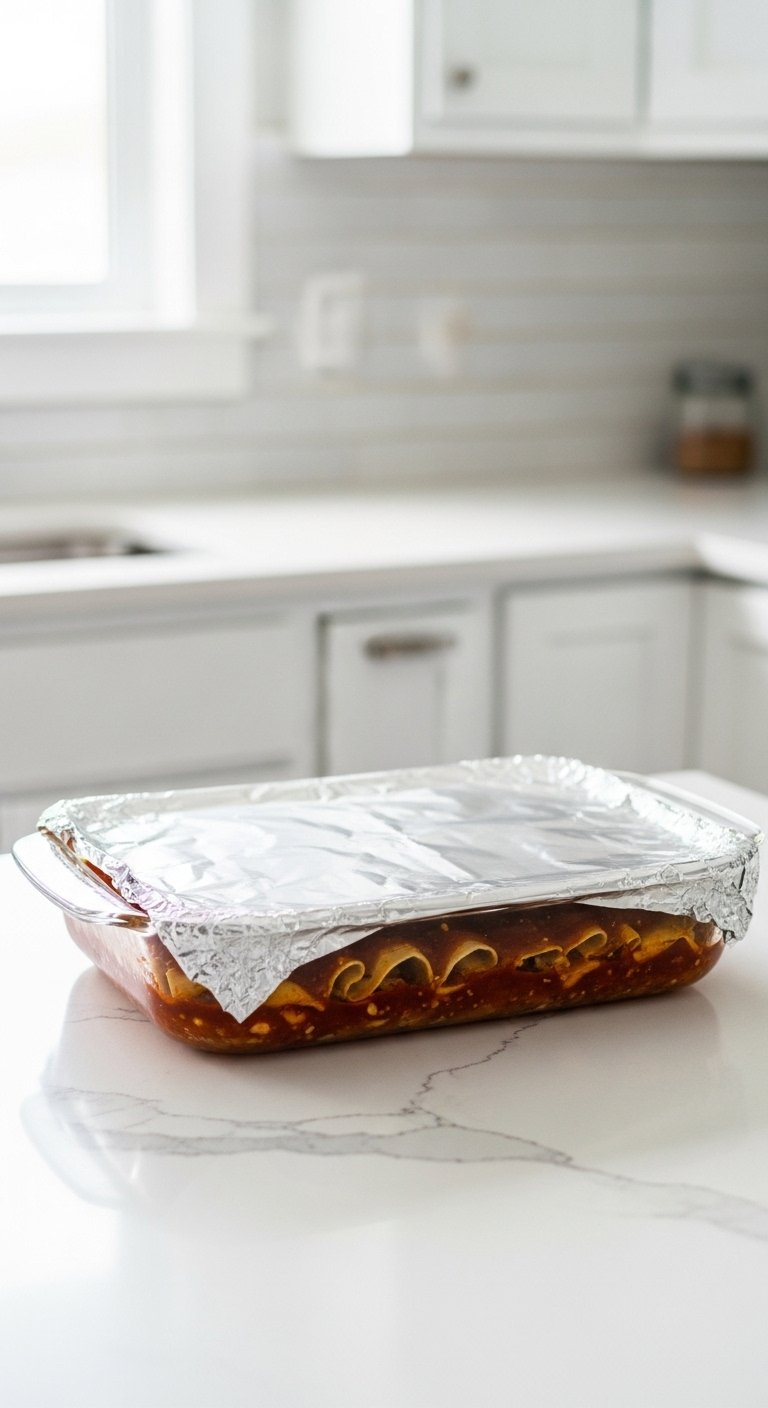 Unbaked Chicken Enchilada Casserole Neatly Covered In Aluminum Foil Resting On A White Quartz Kitchen Countertop.