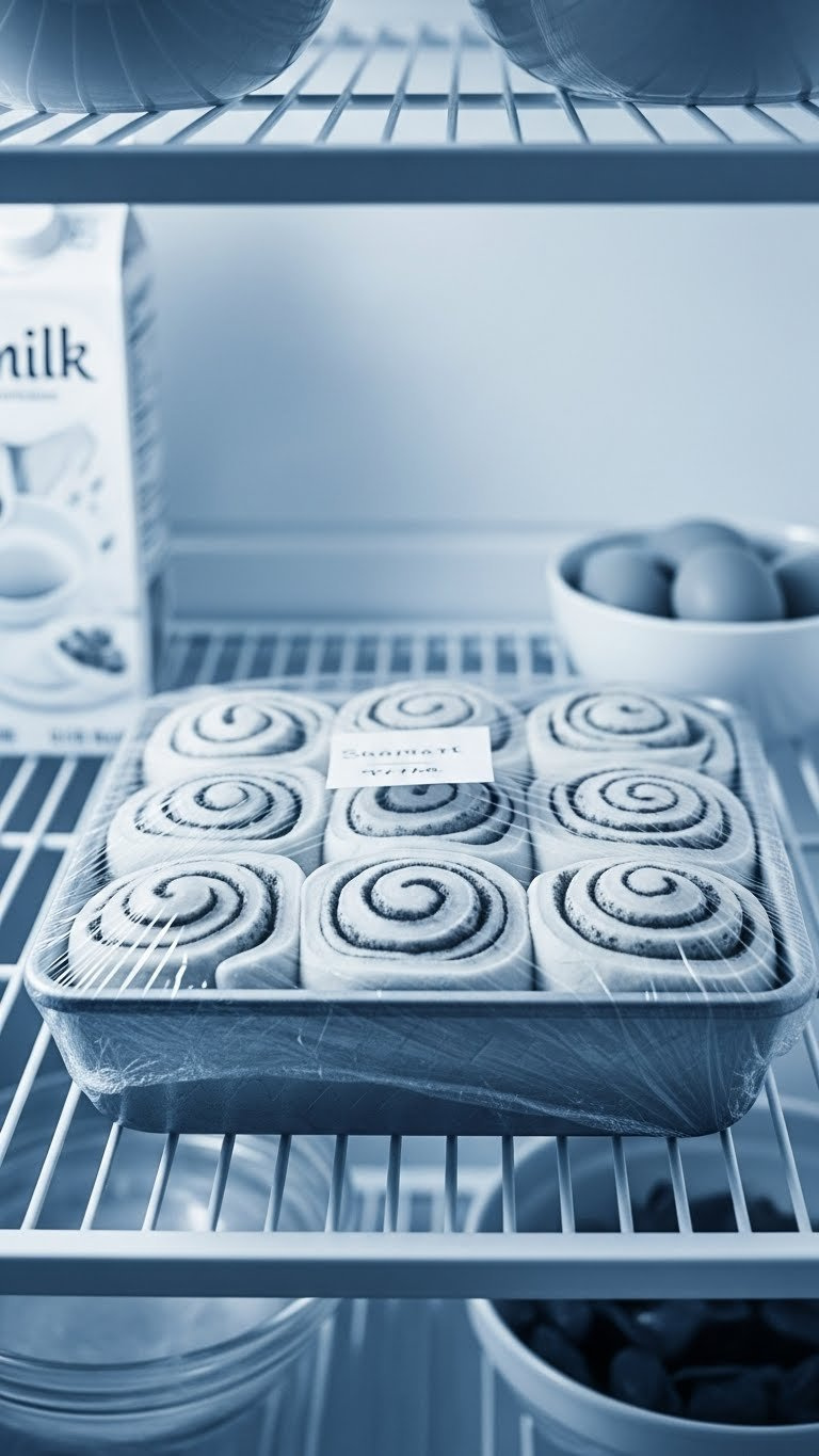 Unbaked Cinnamon Rolls In A Metal Pan With Plastic Wrap, Showing Tight Dough Swirls, Chilling In A Refrigerator. Ready To Bake.