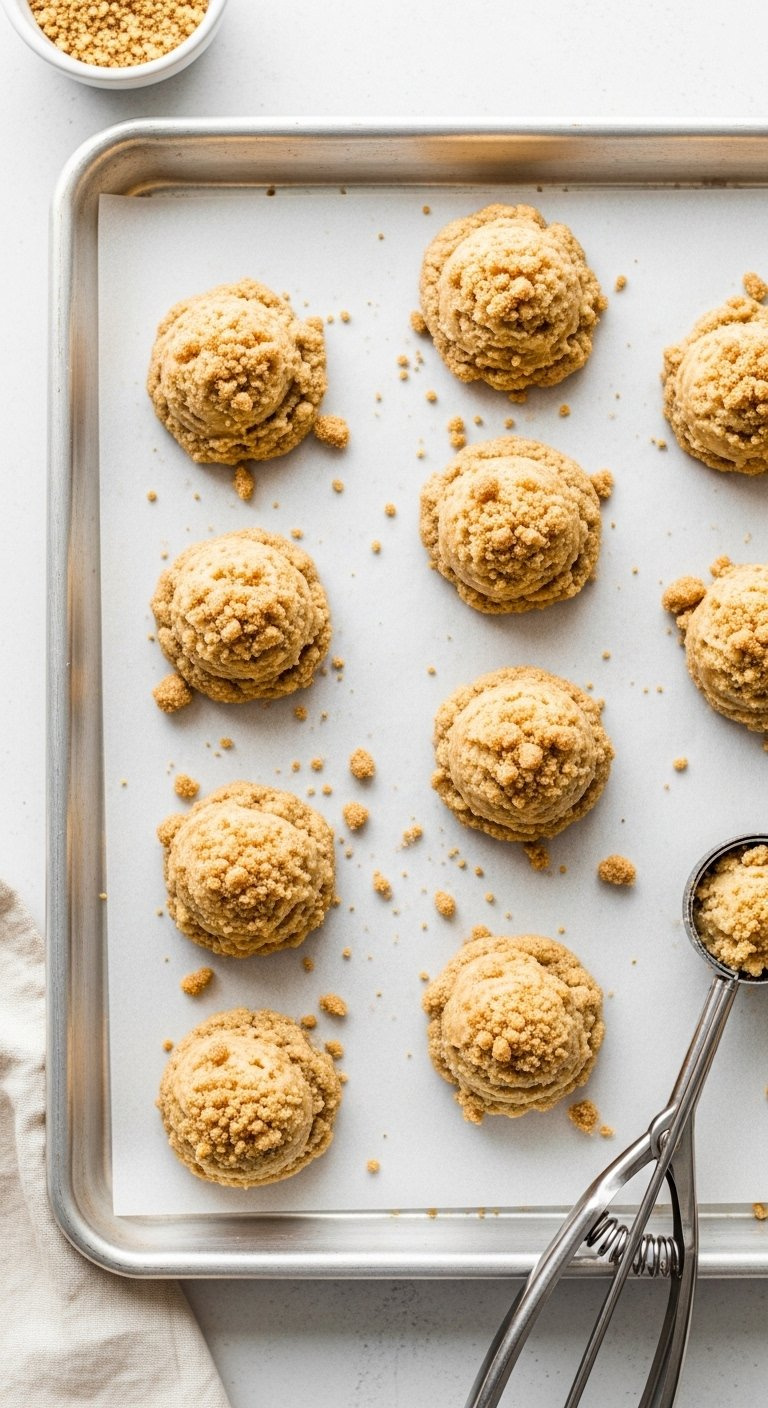 Unbaked Coffee Cake Cookie Dough Balls Topped With Cinnamon Streusel On A Parchment Lined Baking Sheet.
