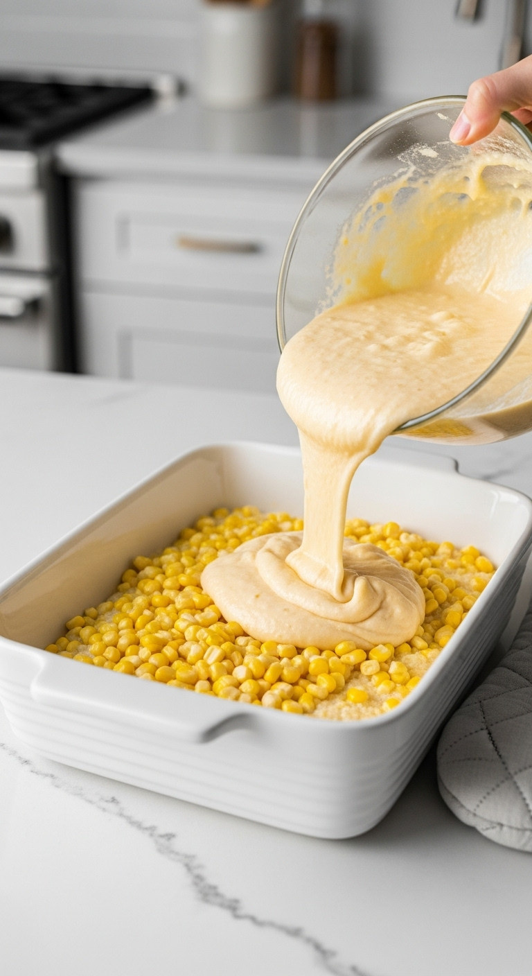 Unbaked Corn Casserole Batter With Visible Kernels In A White Ceramic Baking Dish On A Light Gray Countertop, Ready For Oven.