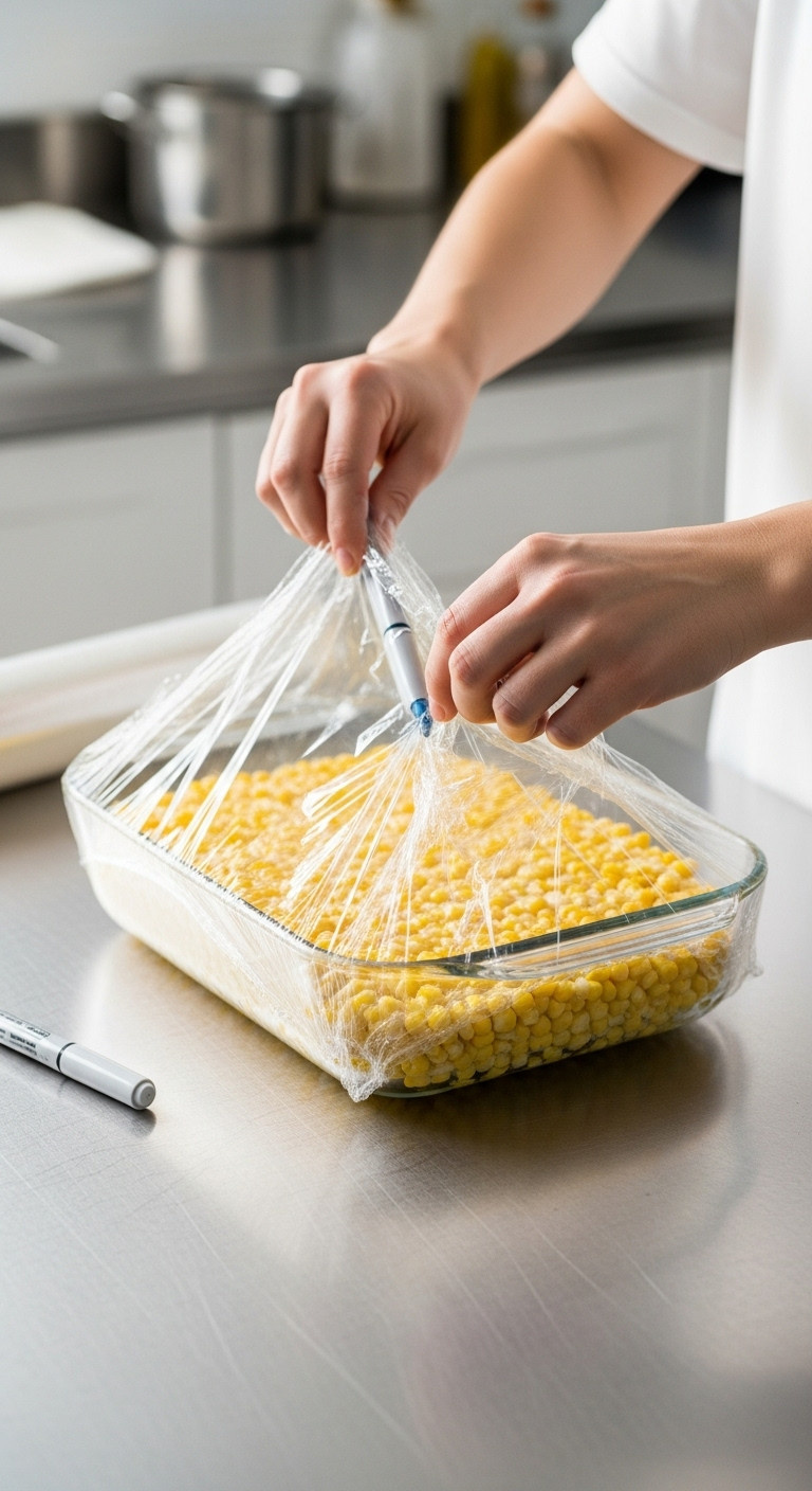 Unbaked Corn Casserole In A Glass Baking Dish Being Tightly Covered With Plastic Wrap On A Spotless Stainless Steel Countertop.
