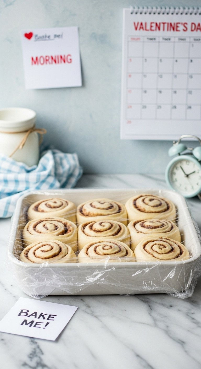 Unbaked Heart-Shaped Cinnamon Rolls Covered In Plastic Wrap, Proofing On A Marble Counter For Valentine's Baking.