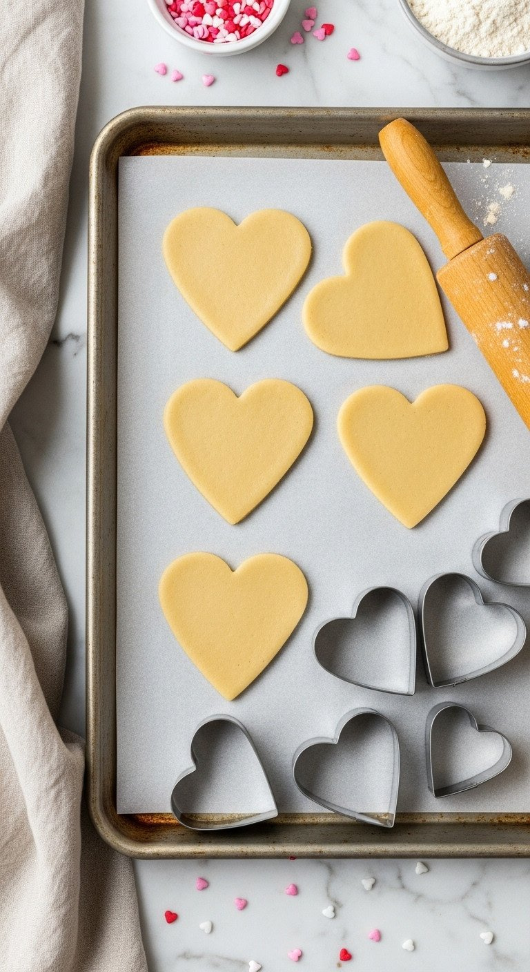 Unbaked Heart-Shaped Sugar Cookie Dough On Parchment With Rolling Pin, Cookie Cutters, And Sprinkles On Marble. Homemade Baking Prep.
