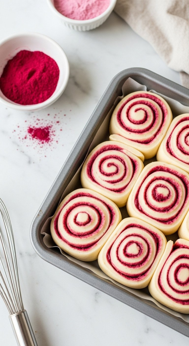 Unbaked Pink &Amp; White Swirled Cinnamon Roll Dough In A Metal Pan On A White Marble Countertop, Ready For Proofing.