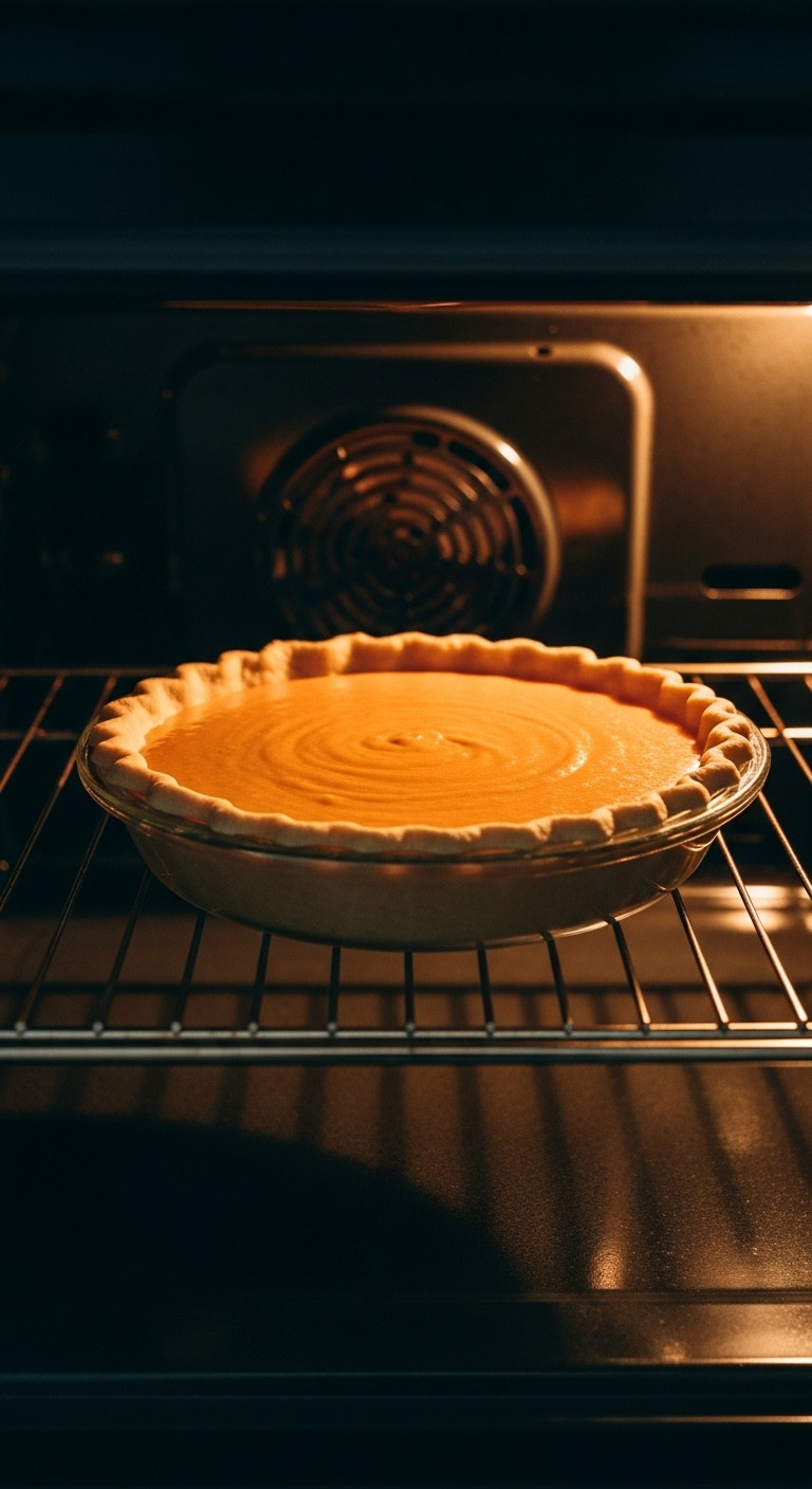 Unbaked Sweet Potato Pie On An Oven Rack Seen Through An Open Oven Door, Golden Crust Ready For Baking.