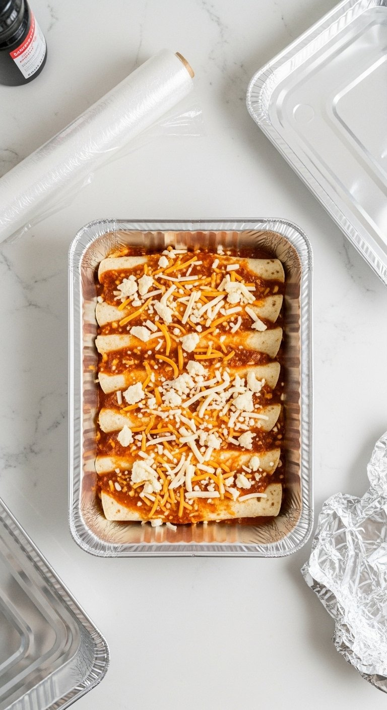Unbaked White Chicken Enchiladas In An Aluminum Foil Pan Ready For Meal Prep Freezing.
