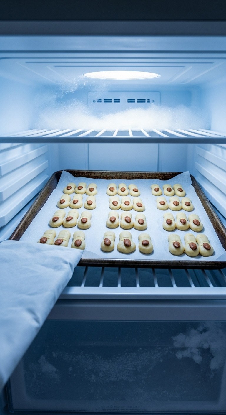 Unbaked Witch Finger Cookies With Almond Nails And Knuckles On A Baking Sheet, Sliding Into A Frosty Freezer.