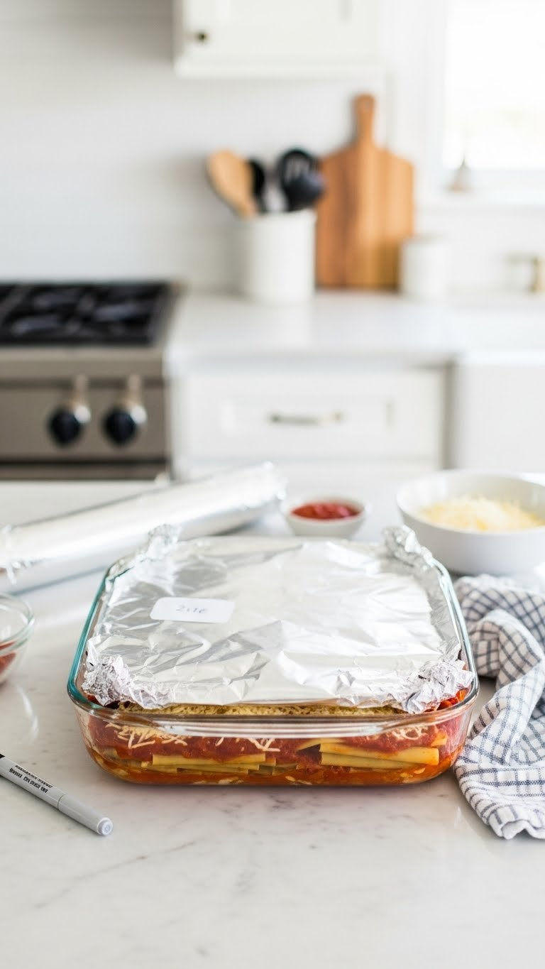 Unbaked Ziti Casserole Covered With Foil In Glass Baking Dish Ready For Refrigerator Or Freezer Meal Prep Storage.