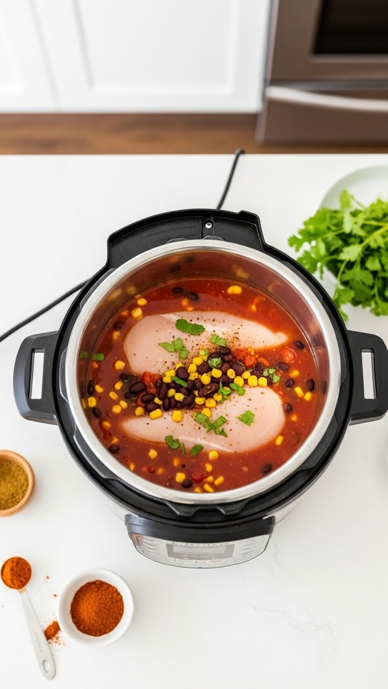 Uncooked Chicken Breasts, Black Beans, Corn, And Spices In A Vibrant Tomato Base Inside An Instant Pot, Ideal For Hearty Soup.