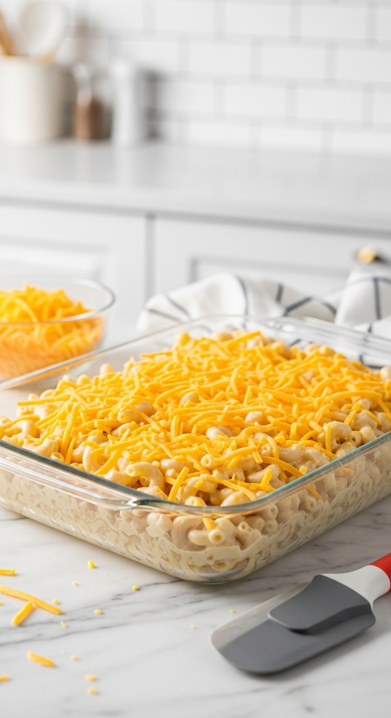 Uncooked Mac And Cheese Mixture In A Glass Baking Dish Topped With Shredded Cheddar And Monterey Jack Cheese Before Baking