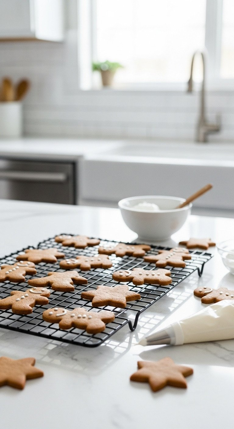 Undecorated Gingerbread Cookies Cooling On A Black Wire Rack, With A Bowl Of White Royal Icing Ready For Decorating.