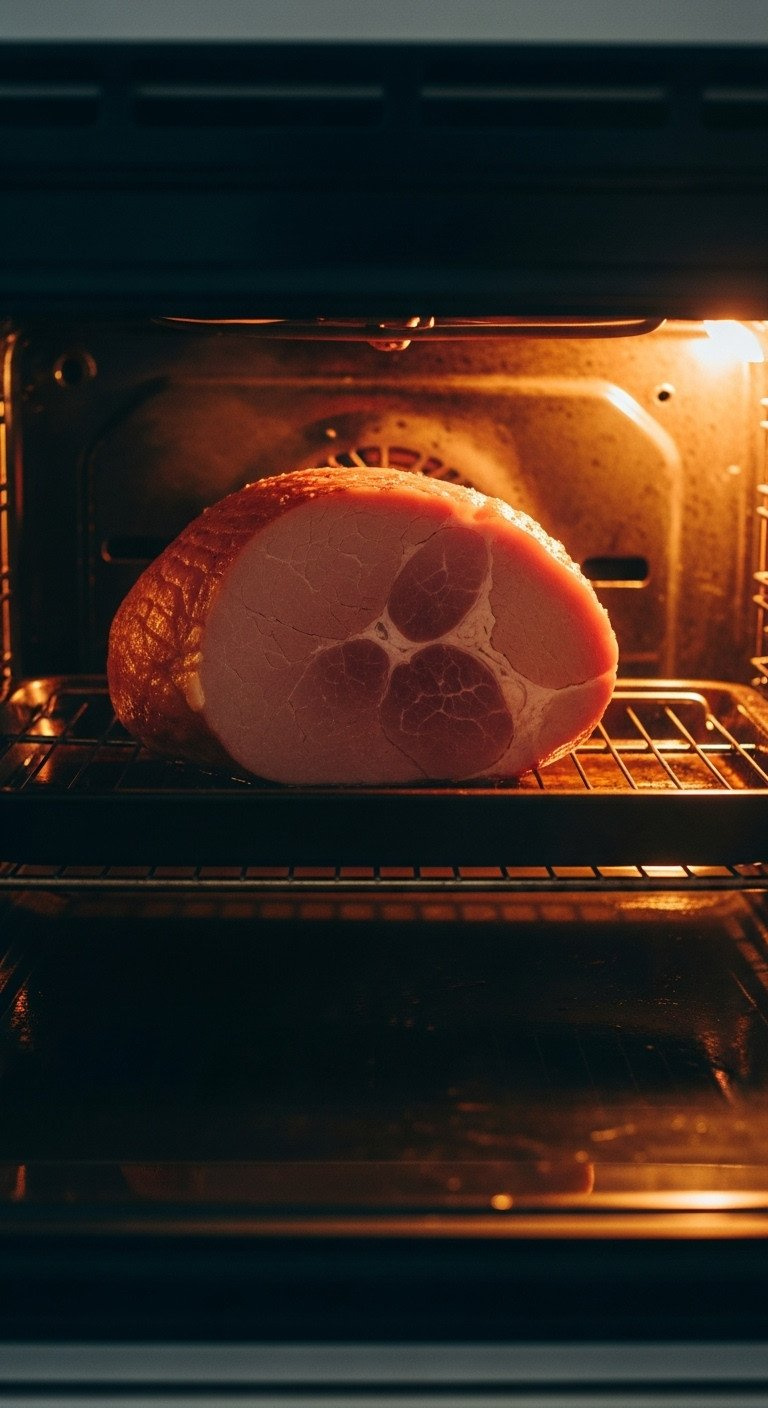 Unglazed Ham Baking In A Dark Oven, Seen Through The Oven Door Glass, Glowing Under Warm Light; Perfect For Holiday Meal Prep.