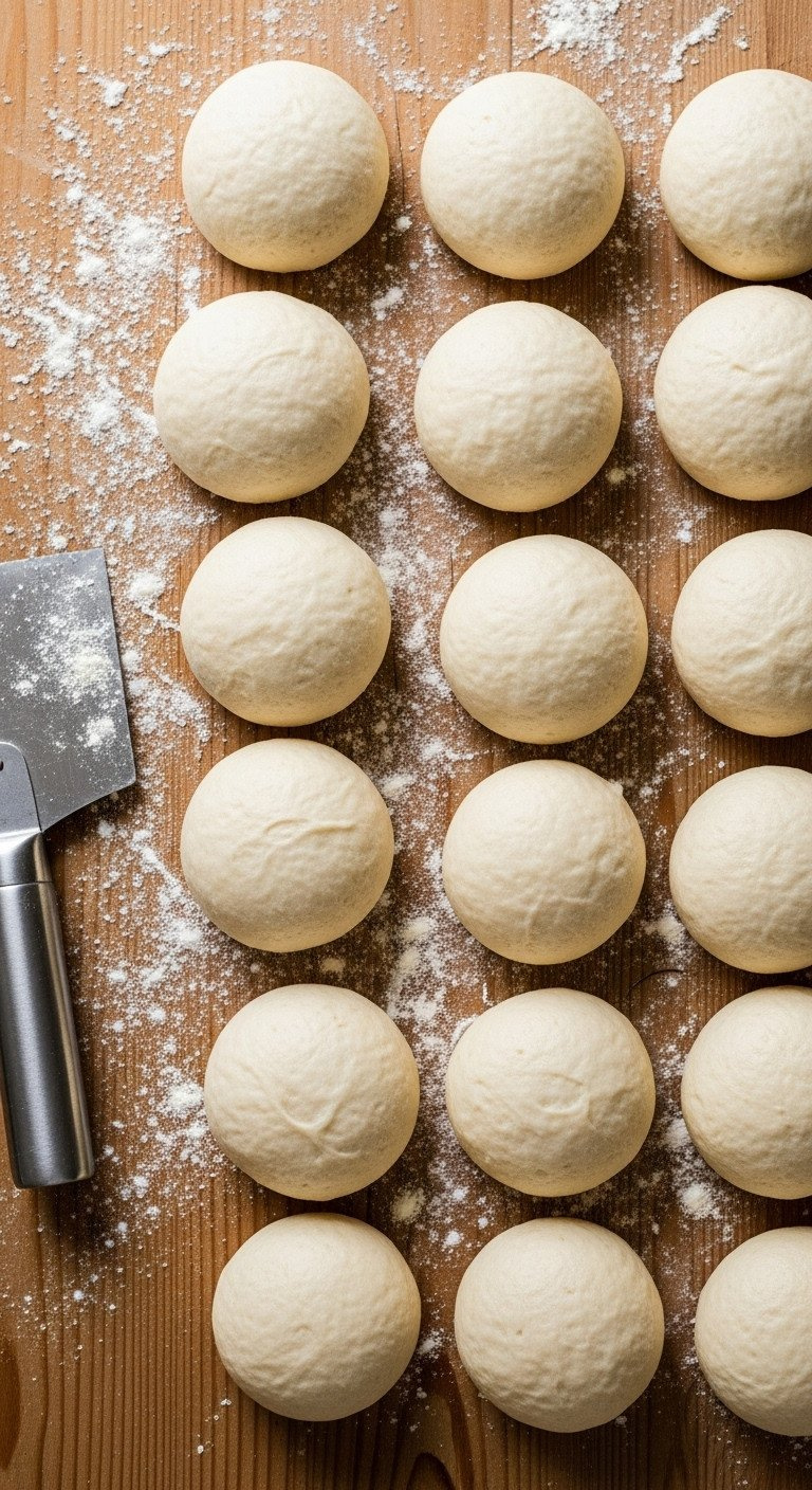 Uniform Dinner Roll Dough Balls On A Floured Rustic Wooden Surface, Baking Preparation Scene With Bench Scraper, Bright Daylight.