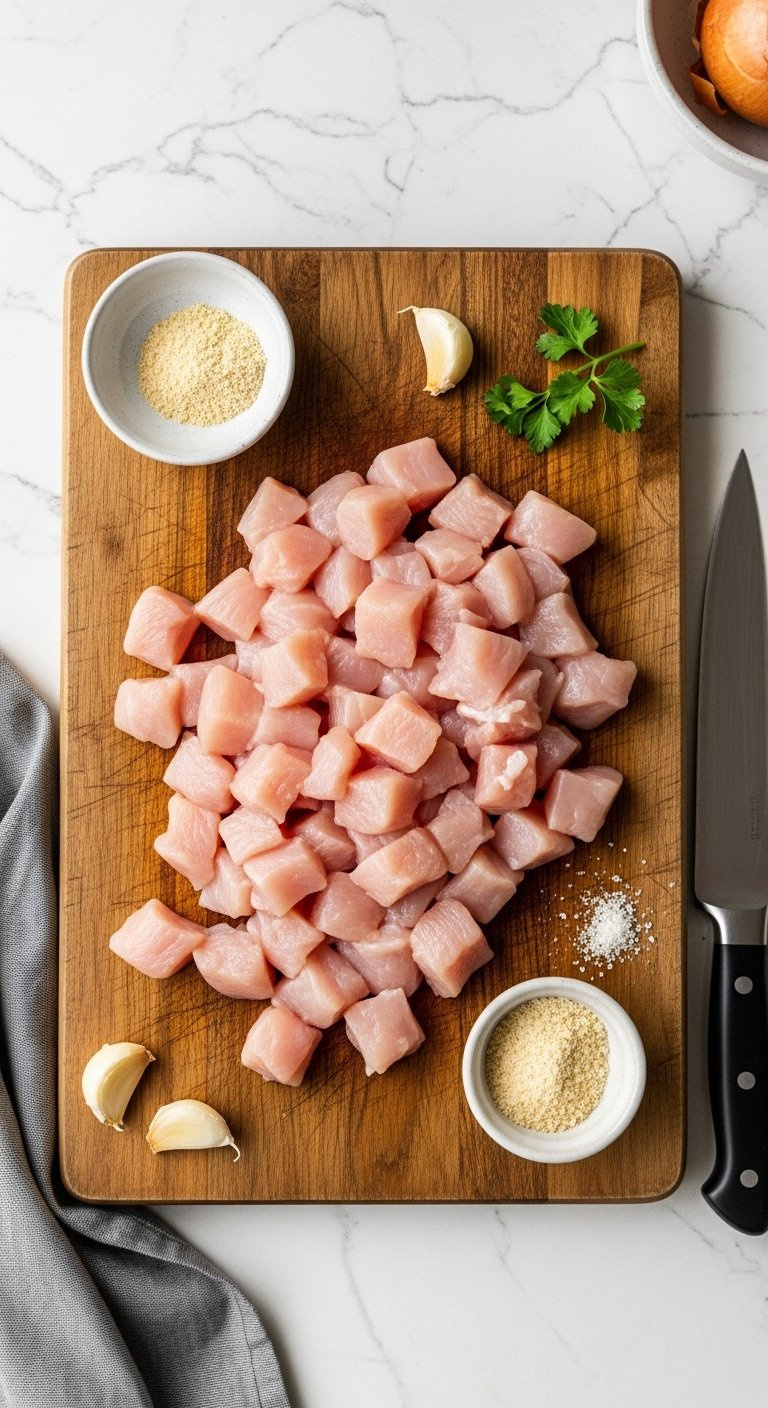 Uniformly Diced Raw Chicken Breast Cubes Arranged On A Rustic Wooden Cutting Board With Seasoning Bowls.