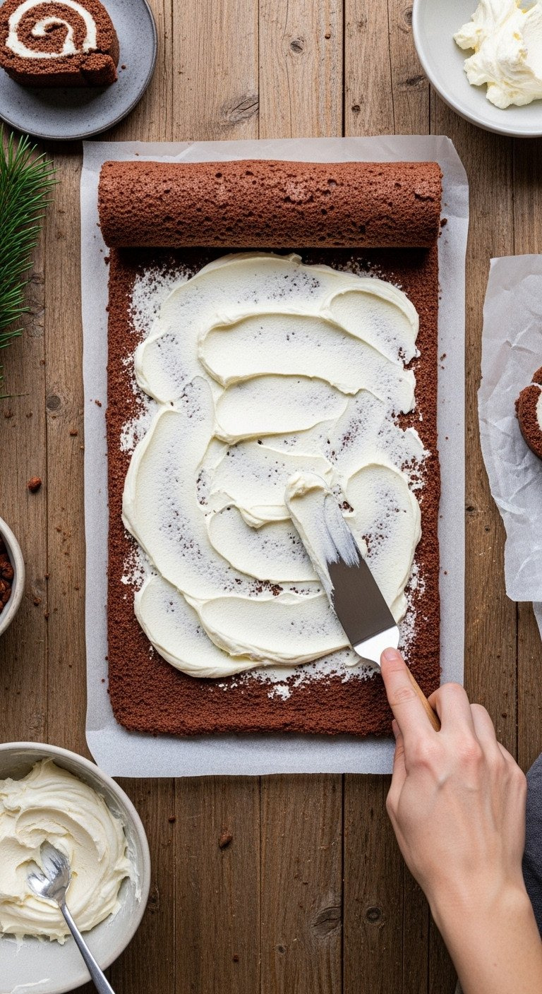 Unrolled Chocolate Sponge Cake With Thick Mascarpone Filling. Spatula, Parchment, Rustic Wooden Table. Yule Log Prep.