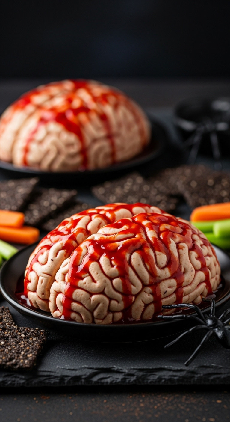 Unsettling Bloody Brain Dip: Creamy Brain-Shaped Dip With Glistening Red Blood Sauce In Dark Dish. Spooky Halloween Appetizer.