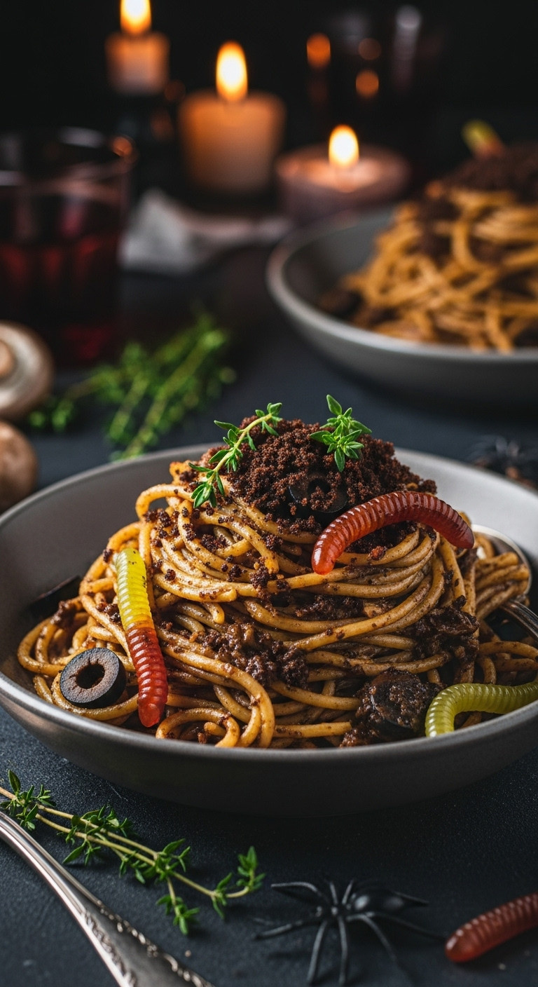 Unsettling 'Worms In Dirt' Pasta: Dark Sauce, Breadcrumb Dirt, Gummy Worms In A Rustic Bowl, With Plastic Spiders; Spooky Halloween Dinner.
