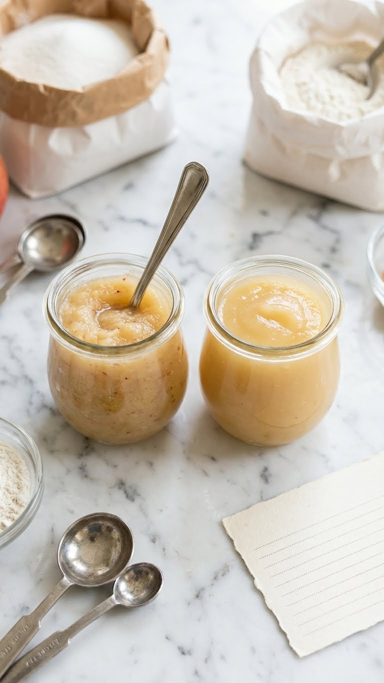 Unsweetened And Sweetened Applesauce Jars On Marble, Spoon In Unsweetened, For Informed Baking Choices.