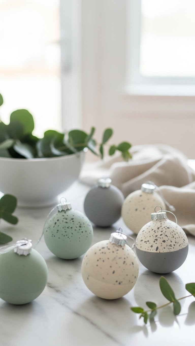 Upcycled Dollar Tree Ornaments Transformed With Speckled Baking Soda Paint Finish In Muted Greens And Creams Arranged On Marble Countertop