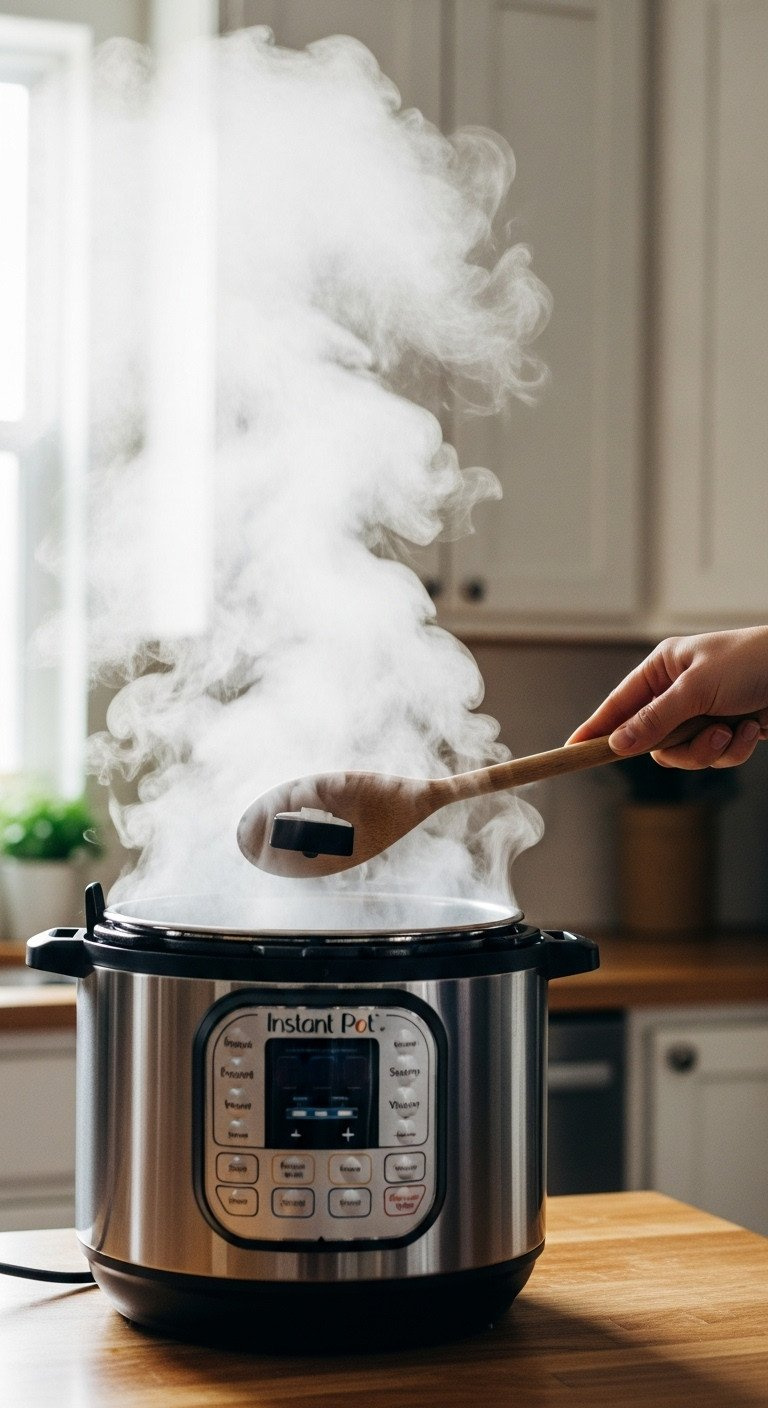 Using A Wooden Spoon To Safely Turn The Instant Pot Steam Release Valve From Sealing To Venting, Releasing Hot Steam.