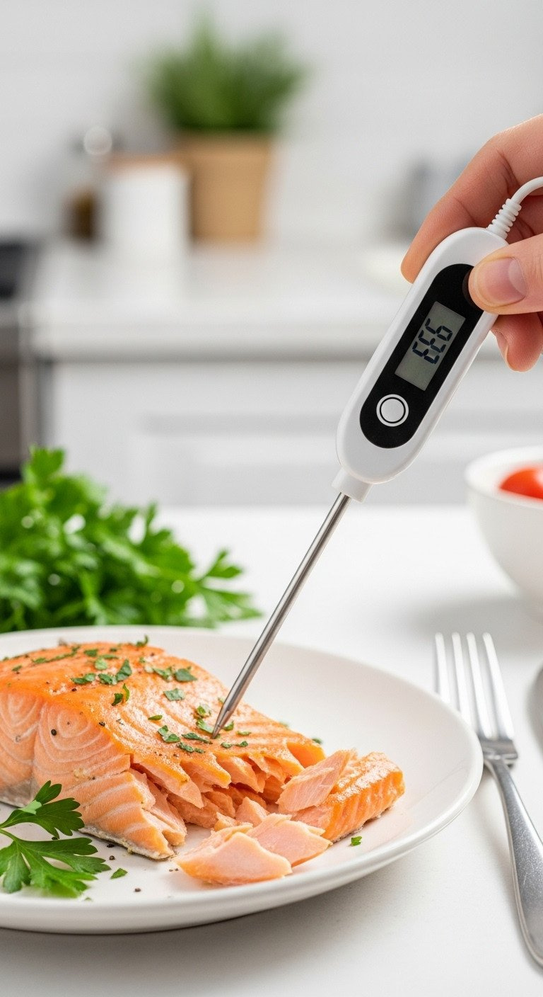 Using An Instant-Read Thermometer To Check The Temperature Of A Perfectly Cooked Flaky Salmon Fillet For Doneness.