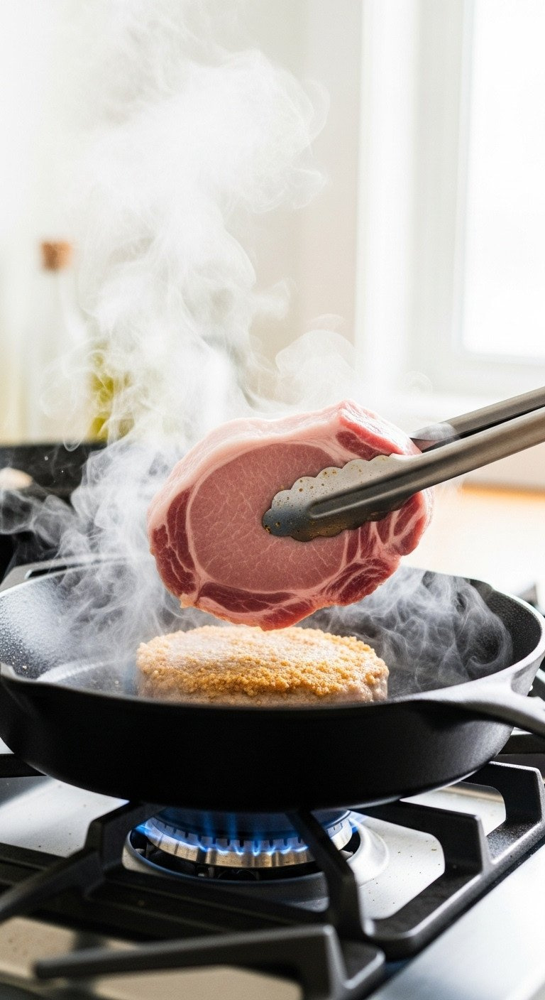 Using Tongs To Place A Thick-Cut Pork Chop Into A Hot Cast Iron Skillet, Creating A Sizzle And Steam As It Begins To Sear.