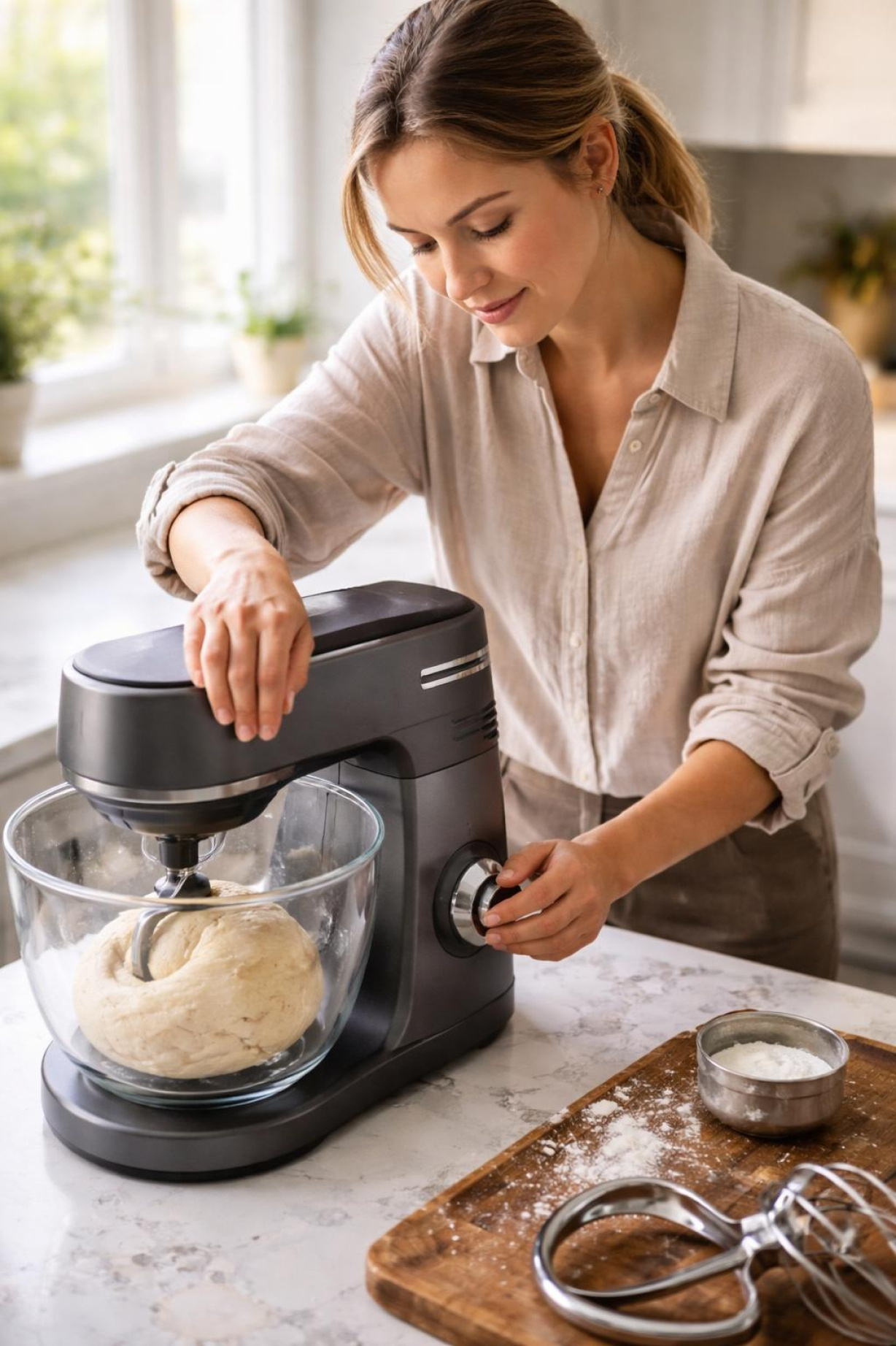 A Vivohome Fermentation Stand Mixer On A Kitchen Counter With Flour, A Bowl Of Dough, And A Timer In The Shot, Demonstrating An Active Testing Environment.